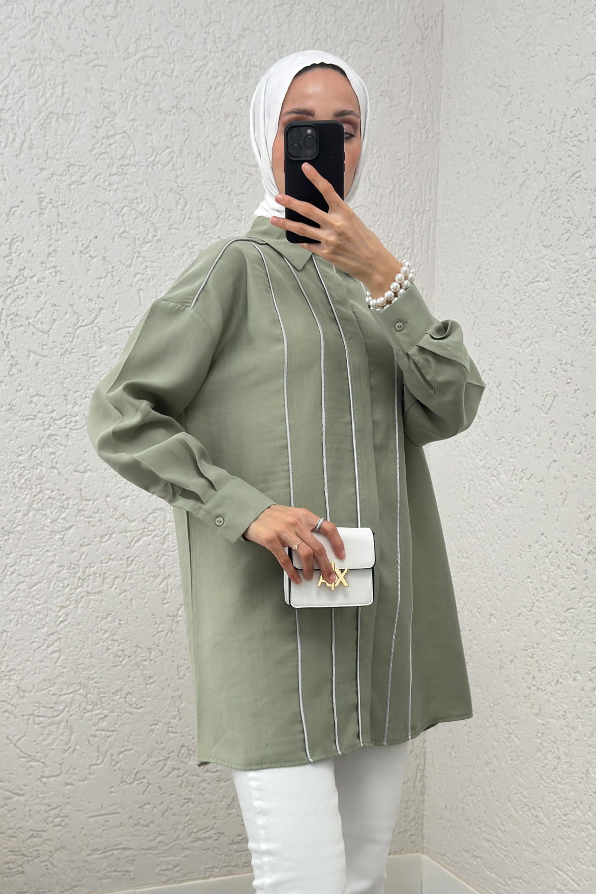 Ara Biyeli Tesettür Gömlek 2219 - MİNT YEŞİLİ |  