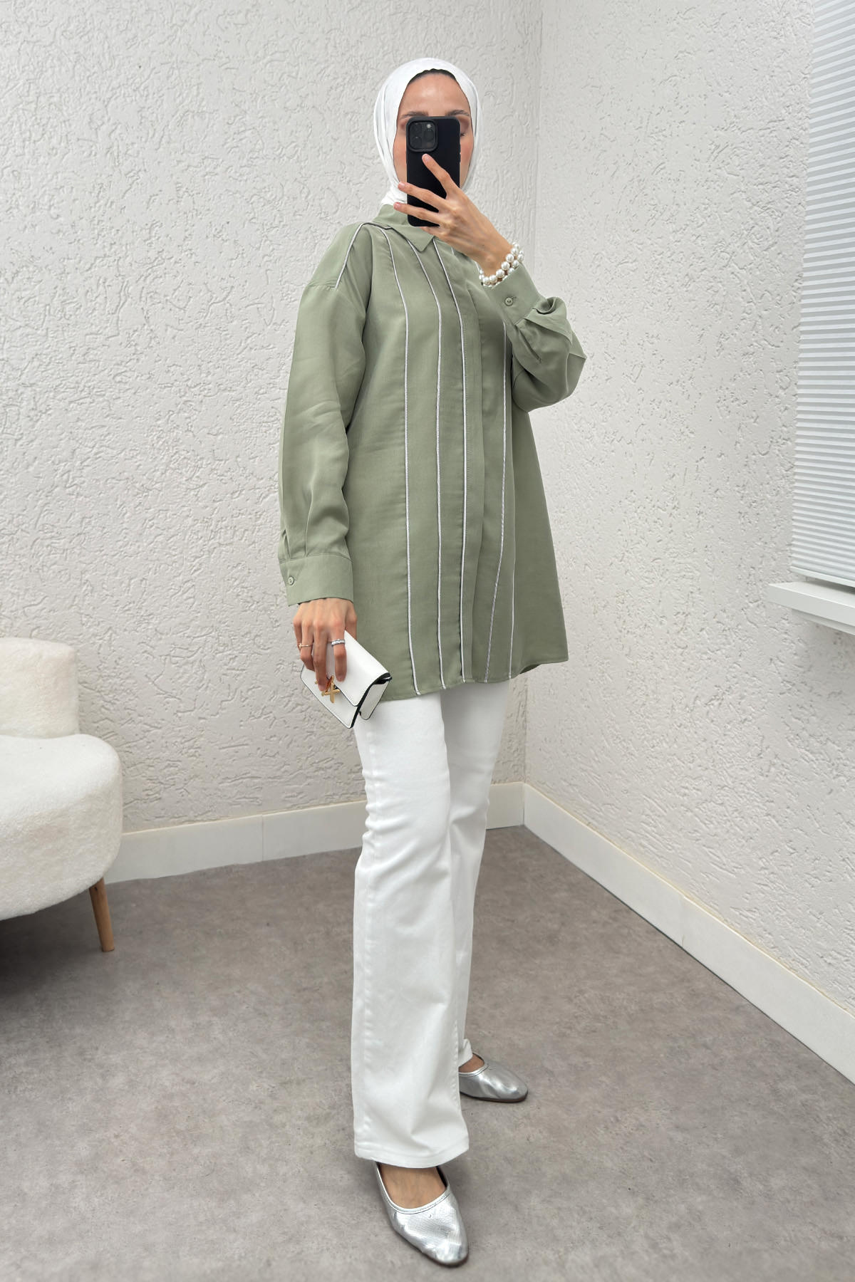 Ara Biyeli Tesettür Gömlek 2219 - MİNT YEŞİLİ |  