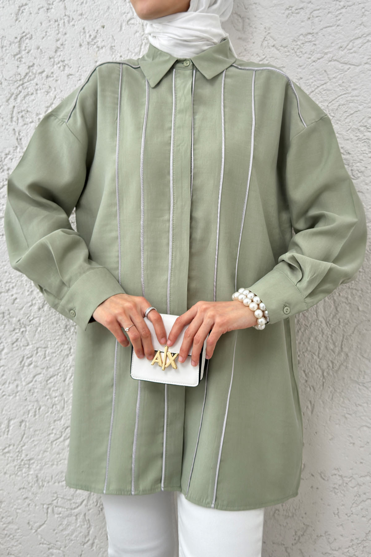 Ara Biyeli Tesettür Gömlek 2219 - MİNT YEŞİLİ |  