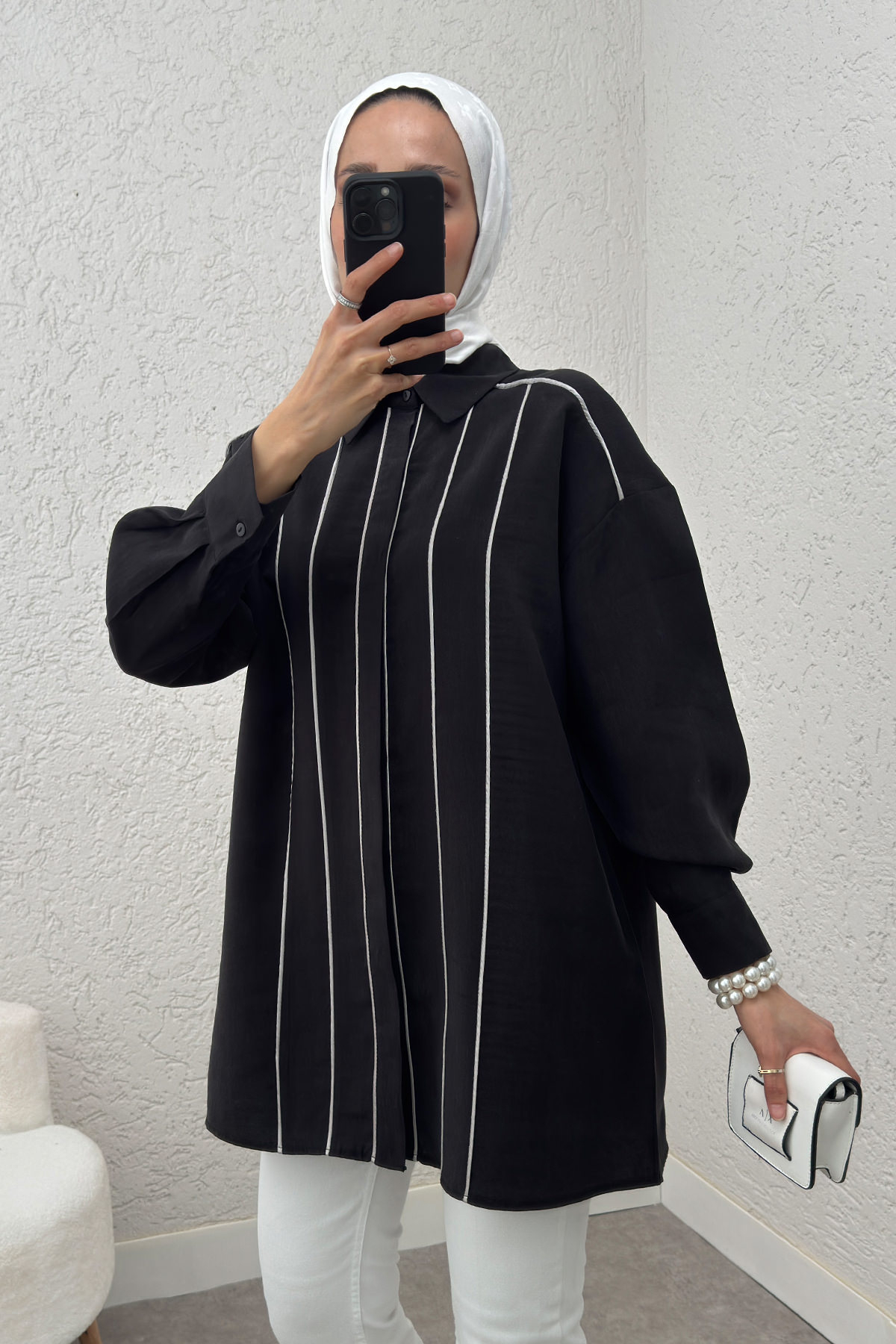 Ara Biyeli Tesettür Gömlek 2219 - SİYAH |  