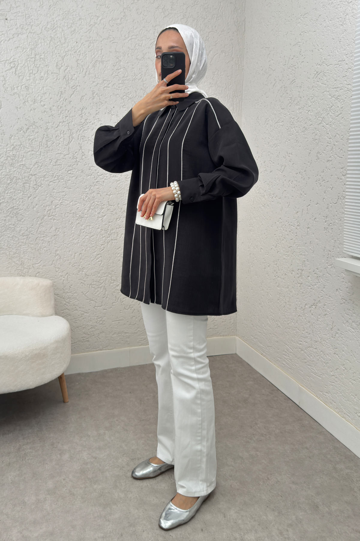 Ara Biyeli Tesettür Gömlek 2219 - SİYAH |  