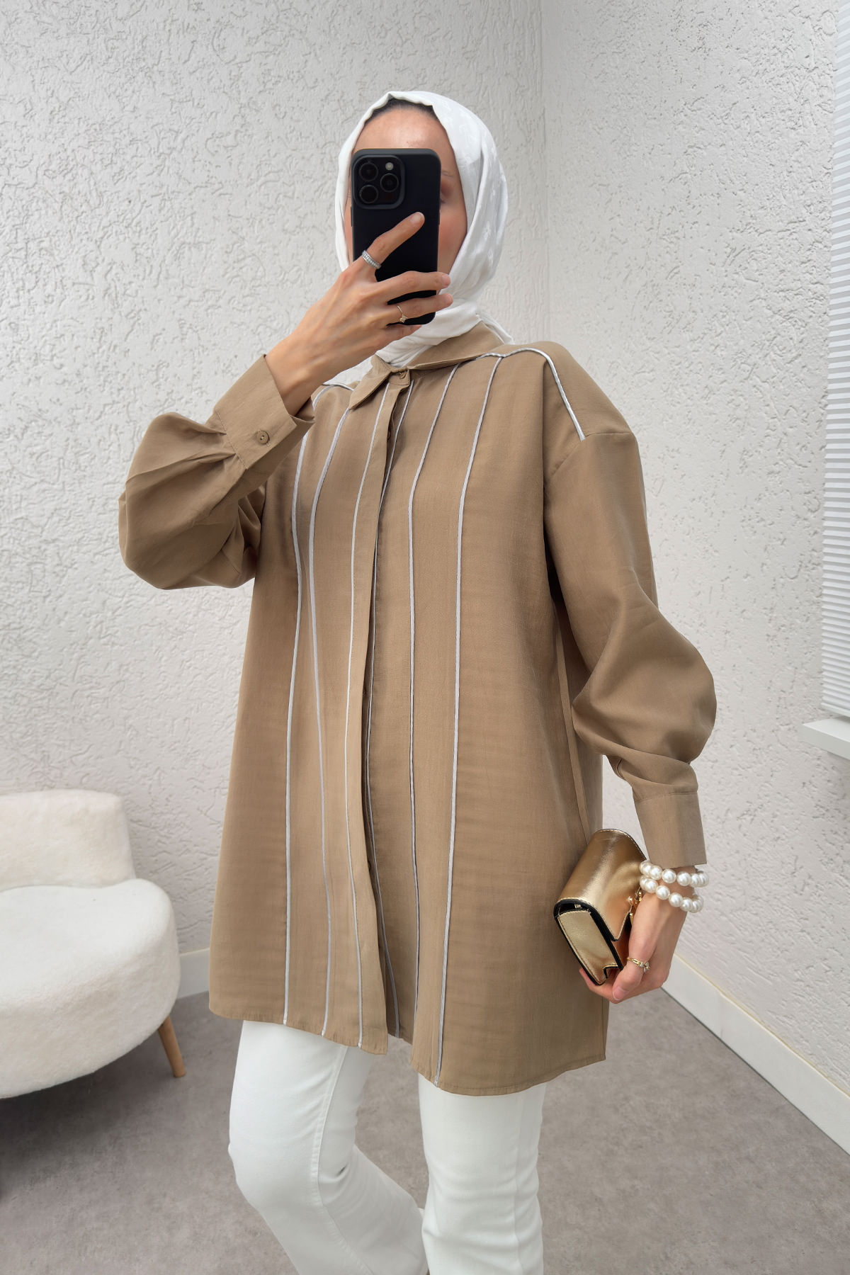 Ara Biyeli Tesettür Gömlek 2219 - VİZON |  