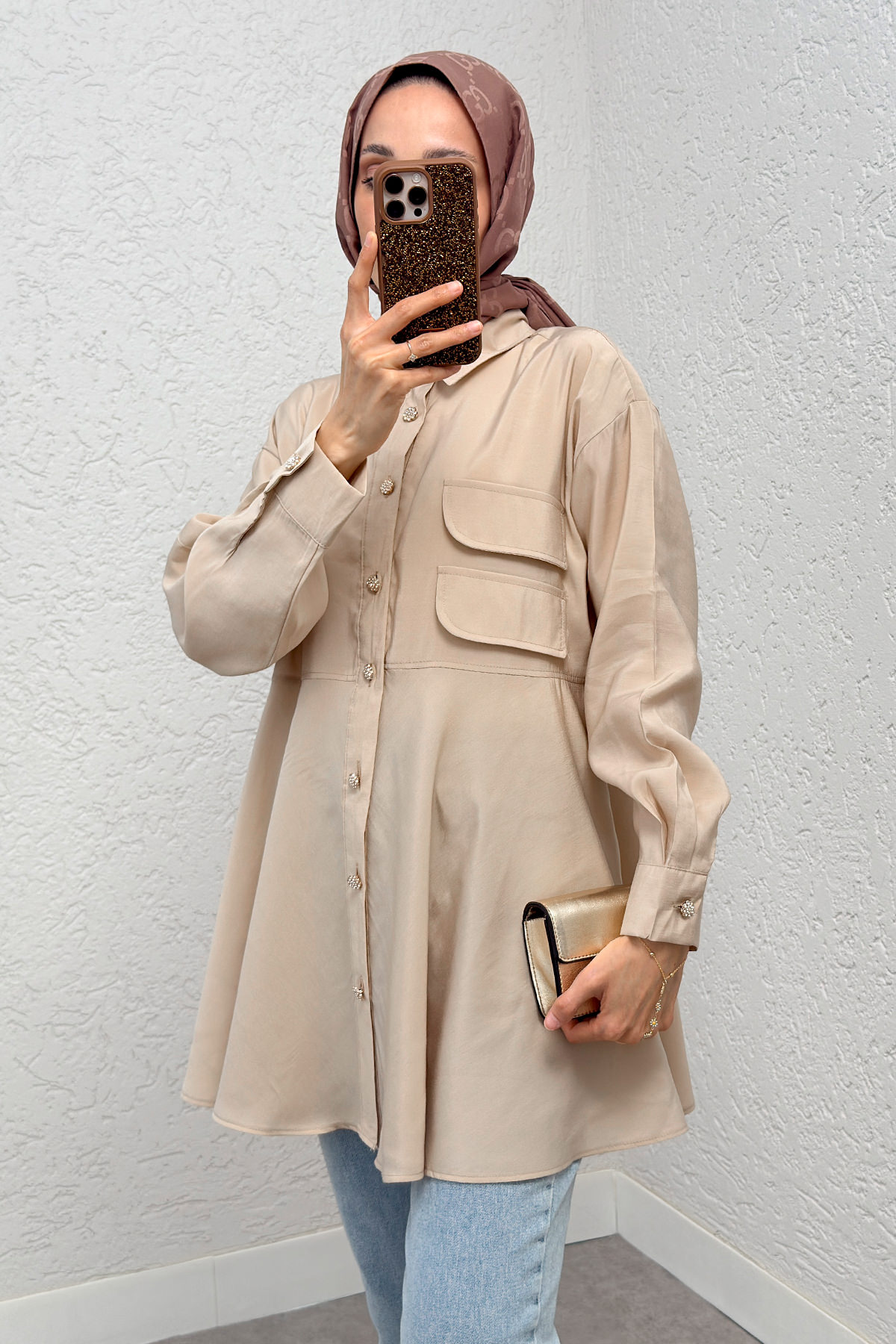 Çift Kapaklı Uzun Tunik 2277 - BEJ |  
