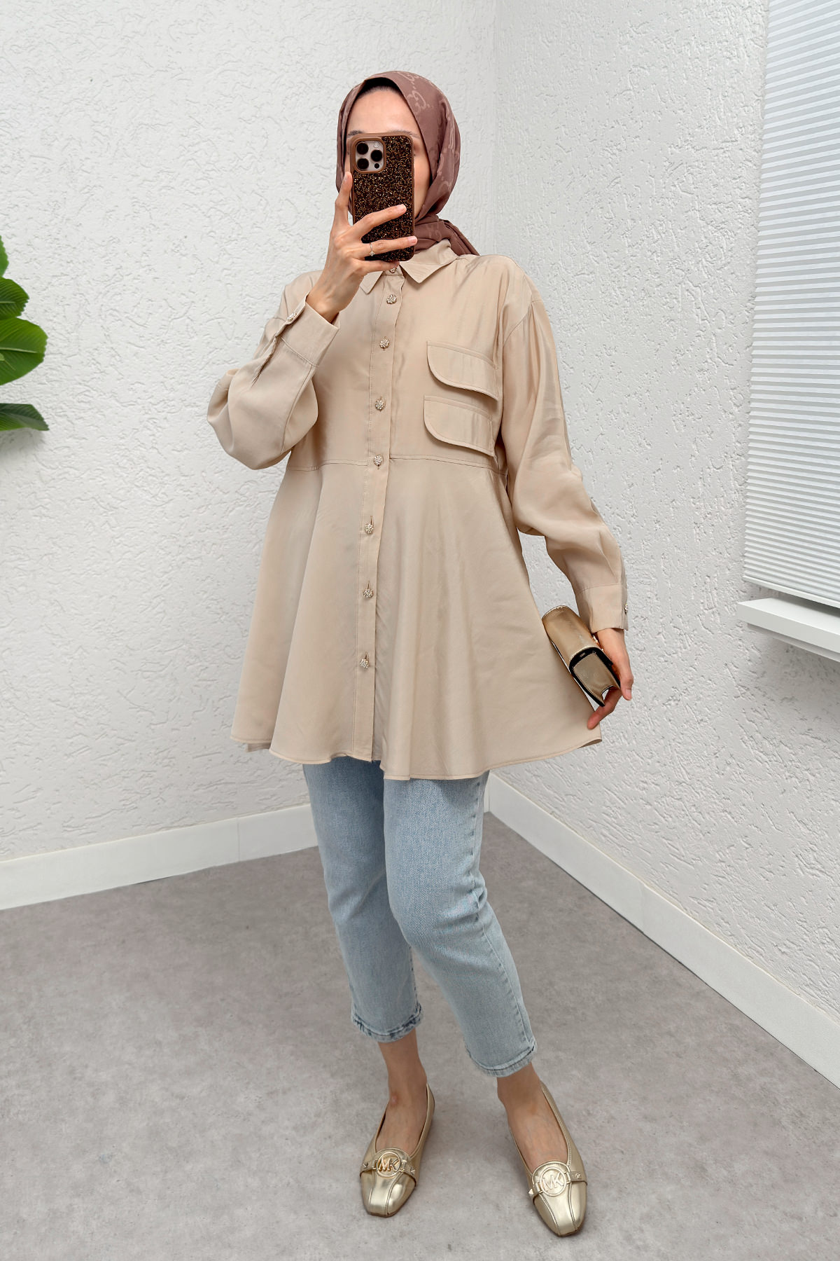 Çift Kapaklı Uzun Tunik 2277 - BEJ |  