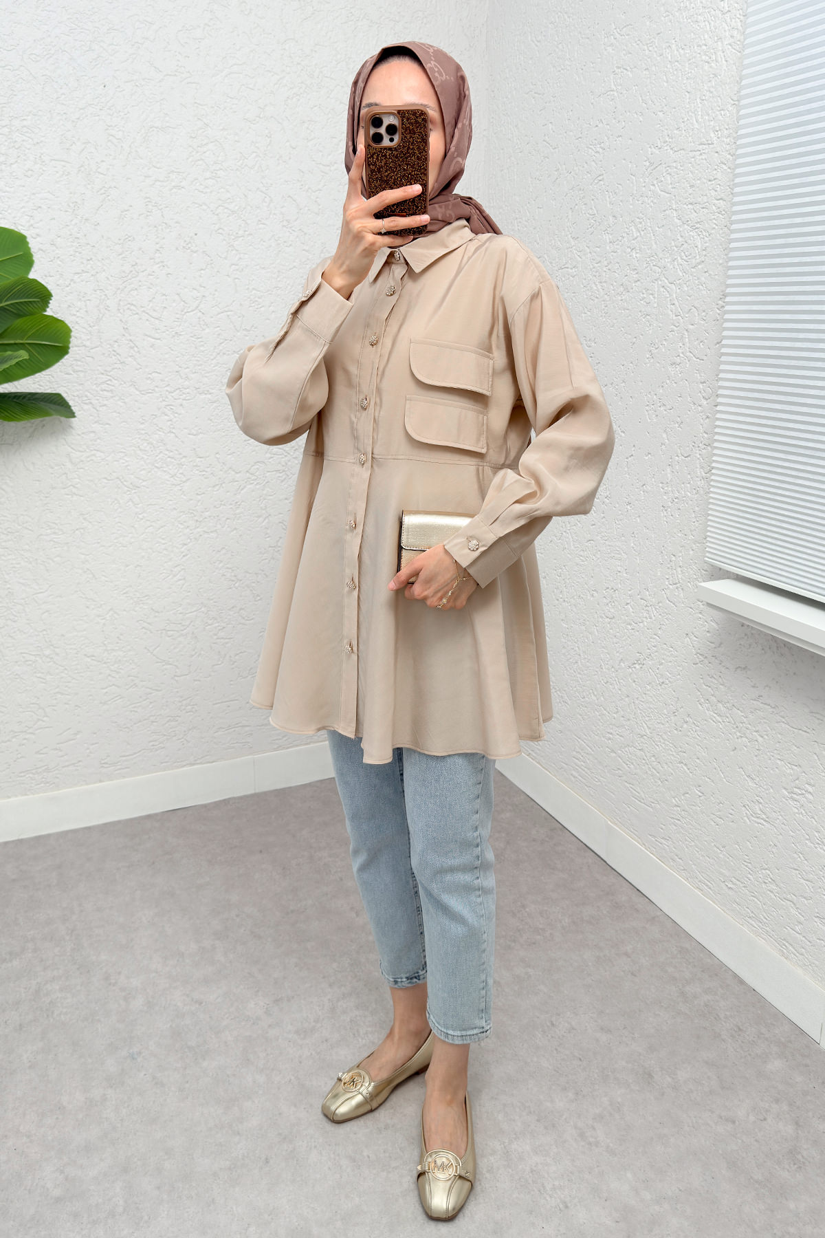 Çift Kapaklı Uzun Tunik 2277 - BEJ |  