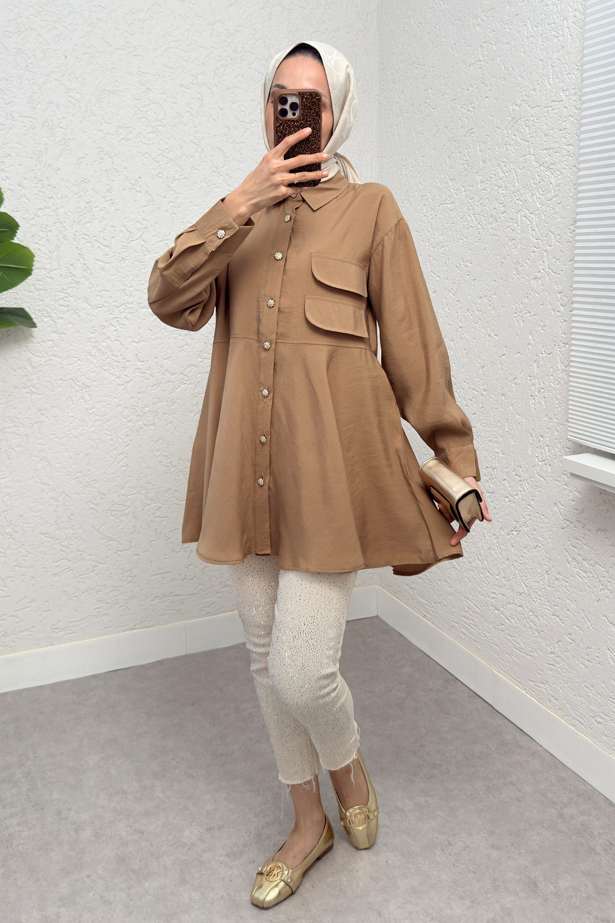 Çift Kapaklı Uzun Tunik 2277 - SÜTLÜ KAHVE |  