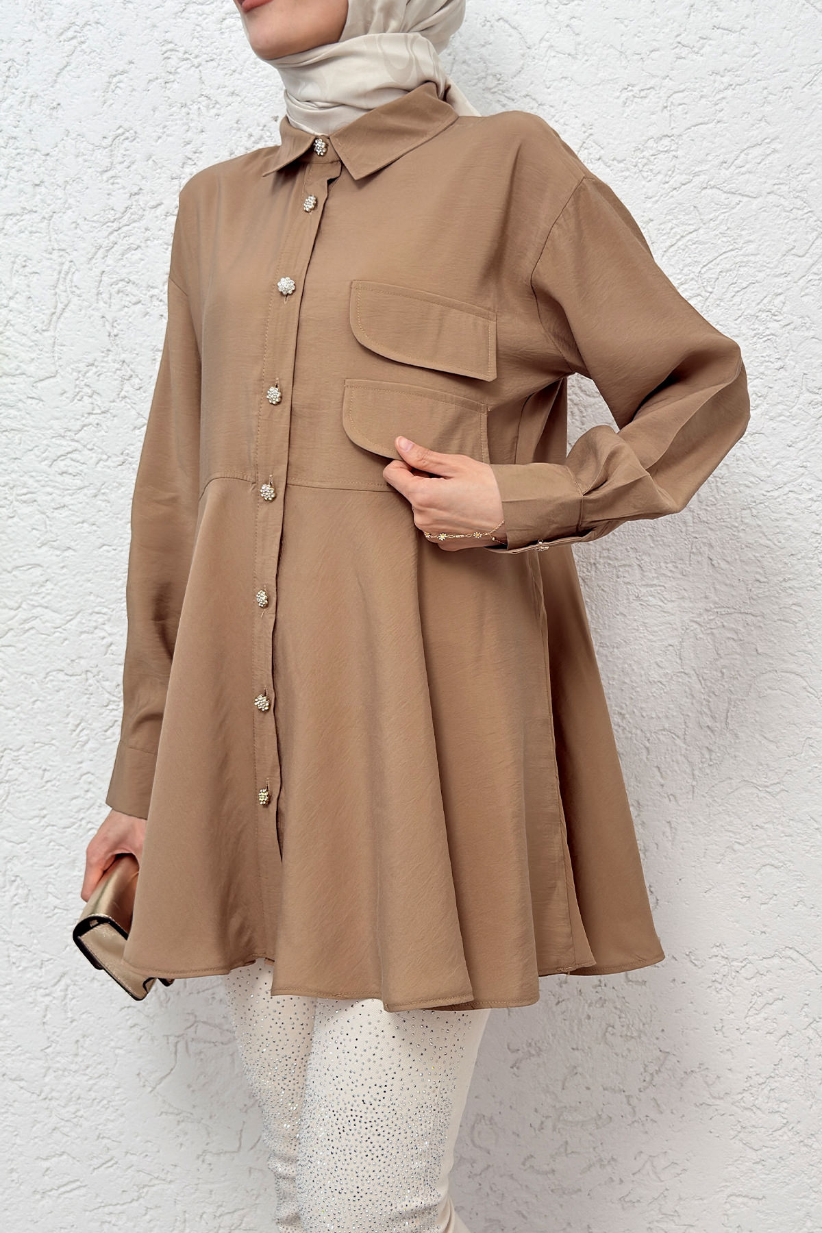 Çift Kapaklı Uzun Tunik 2277 - SÜTLÜ KAHVE |  