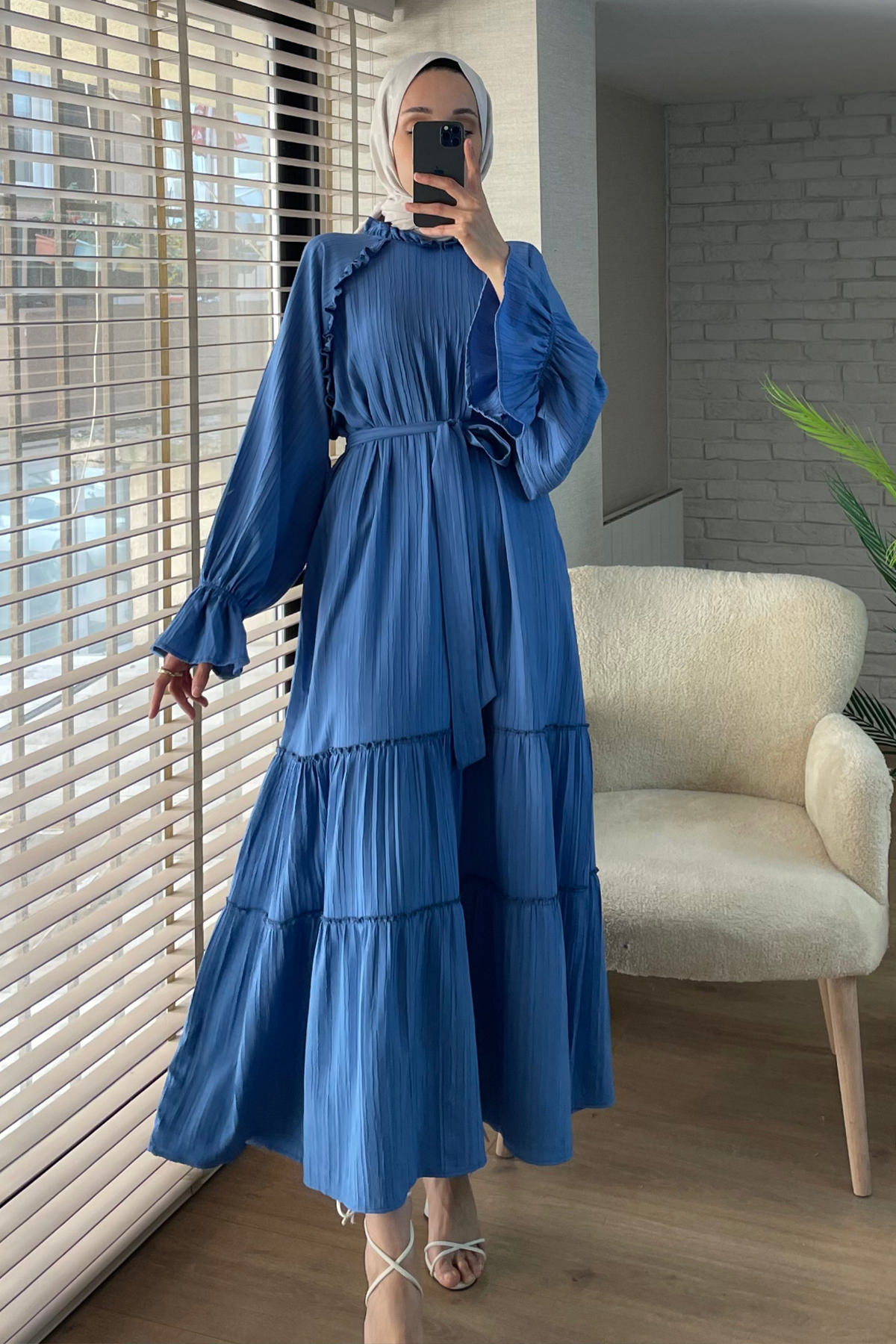 2084 Fırfır Detaylı Kuşaklı Elbise - MAVİ |  
