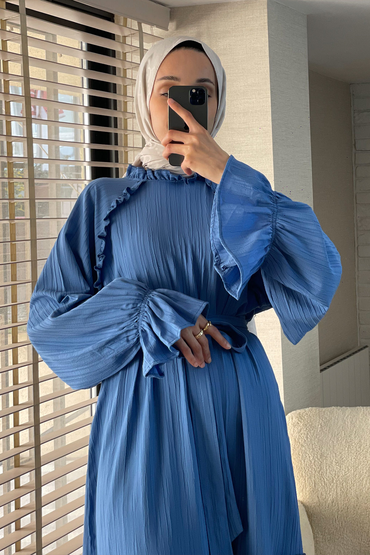 2084 Fırfır Detaylı Kuşaklı Elbise - MAVİ |  