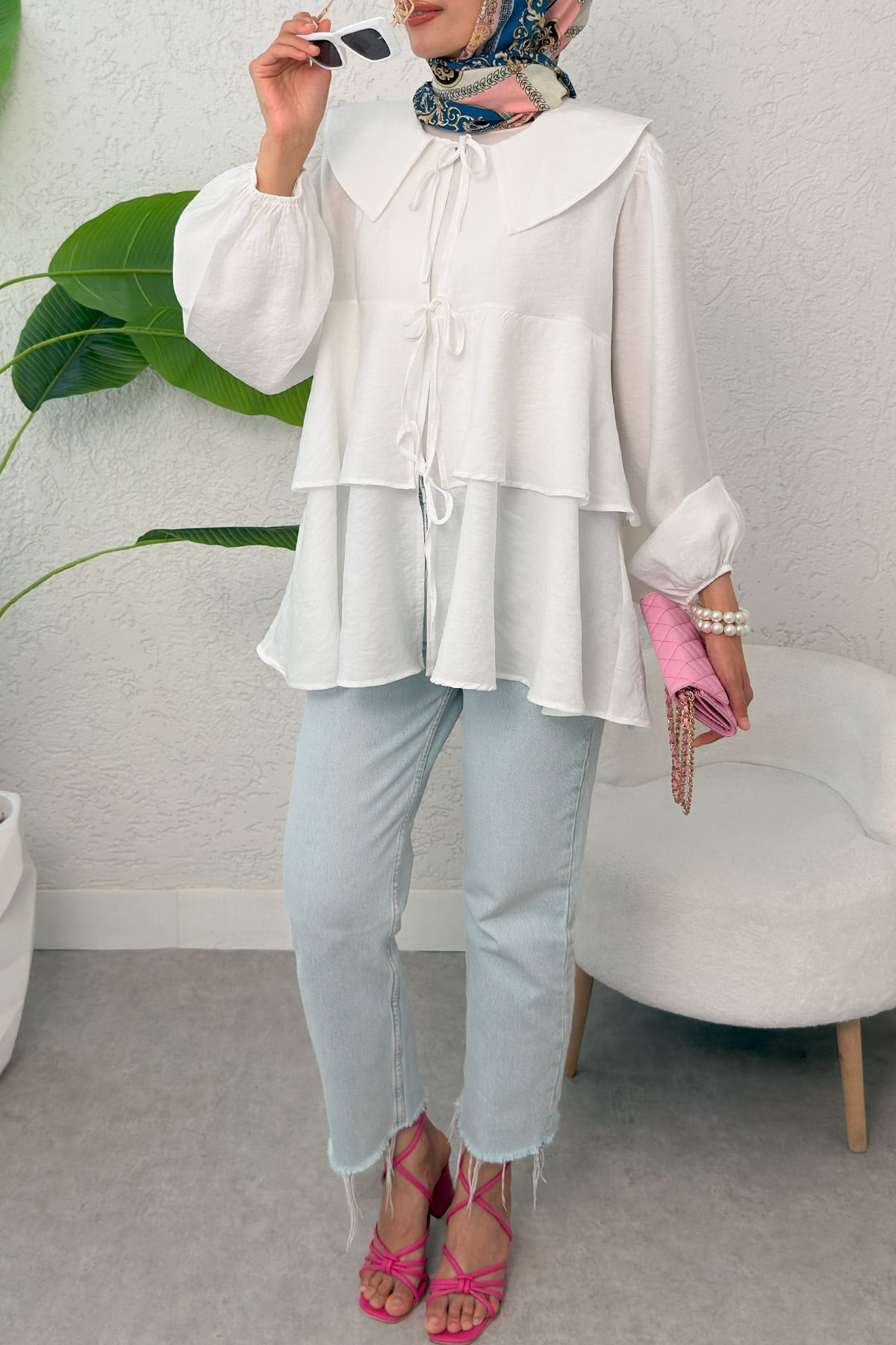 İp Bağcıklı Kat Kat Kimono 2289 - BEYAZ |  