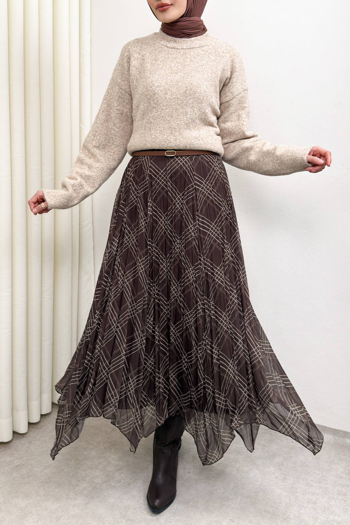 Asimetrik Kesim Desenli Şifon Etek 4151 - KAHVERENGİ |  