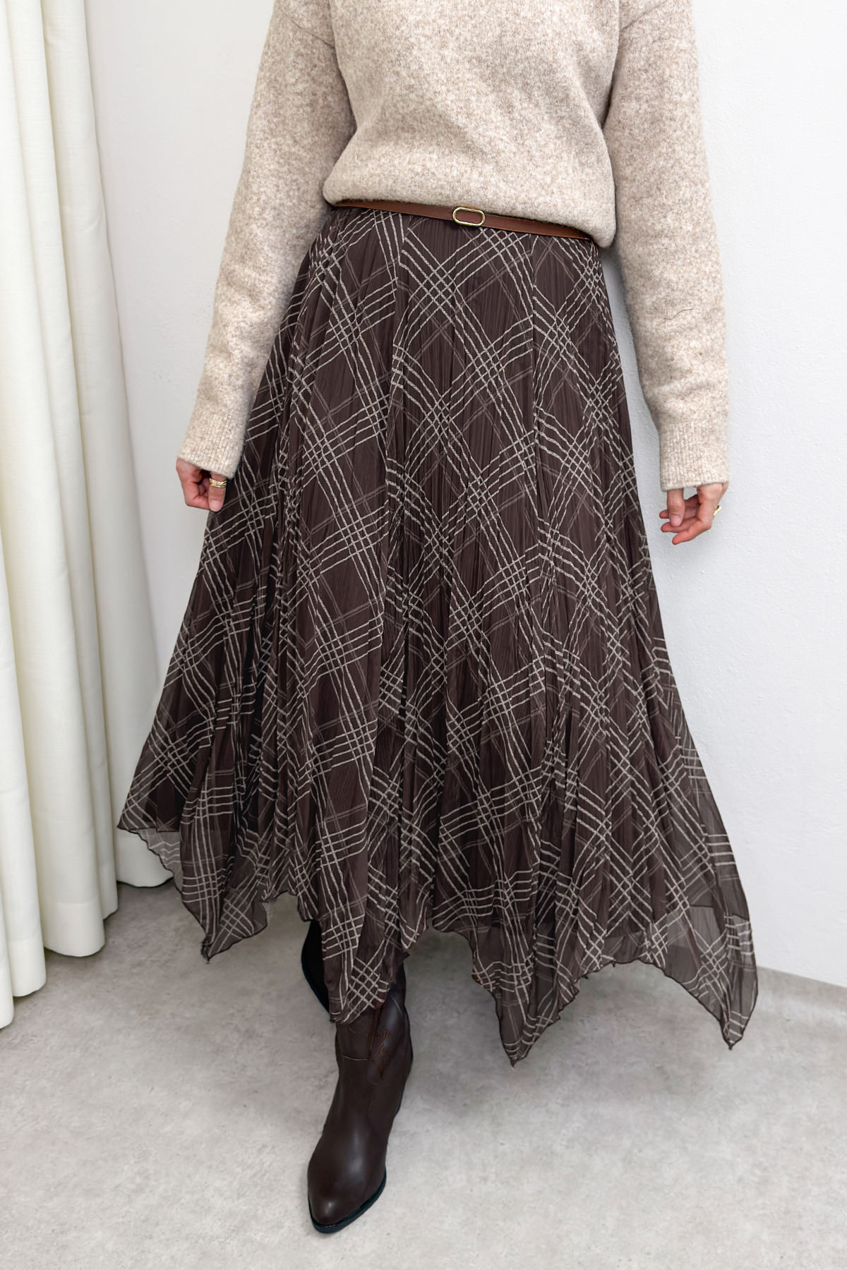 Asimetrik Kesim Desenli Şifon Etek 4151 - KAHVERENGİ |  