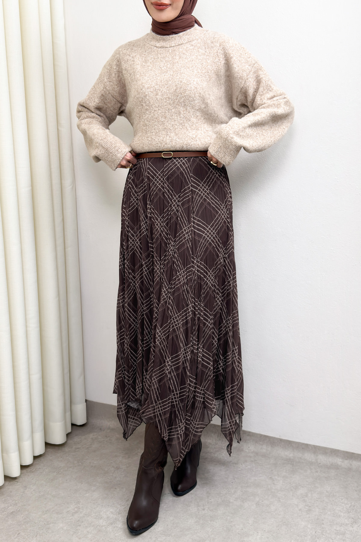 Asimetrik Kesim Desenli Şifon Etek 4151 - KAHVERENGİ |  