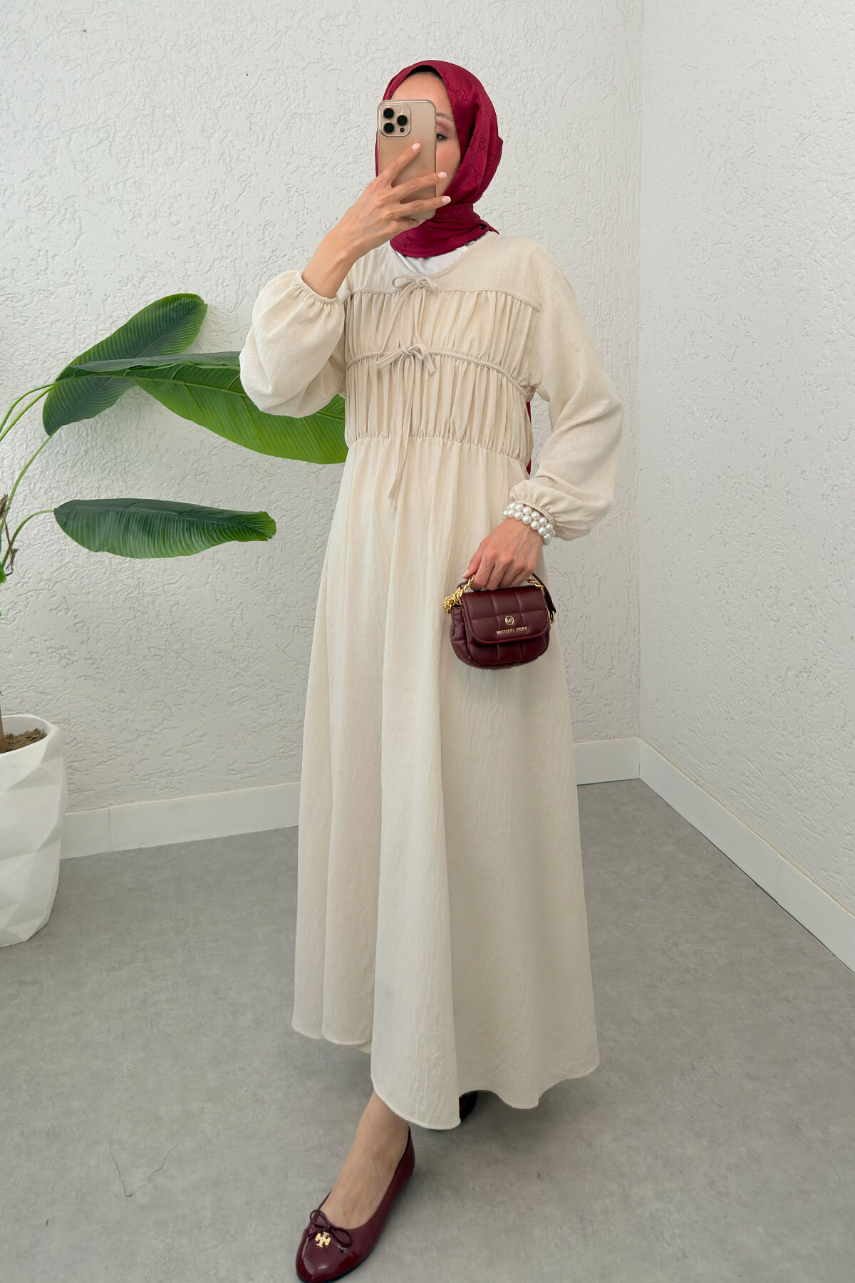 Büzgü Bağcıklı Tesettür Elbise 2319 - TAŞ RENGİ |  