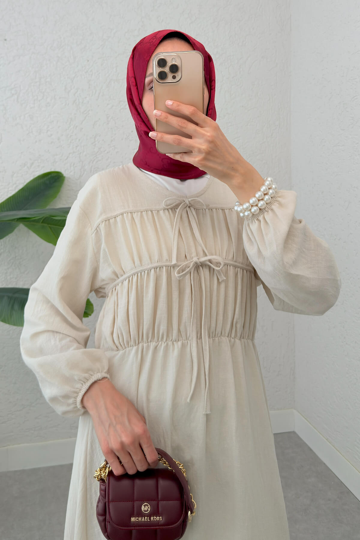 Büzgü Bağcıklı Tesettür Elbise 2319 - TAŞ RENGİ |  