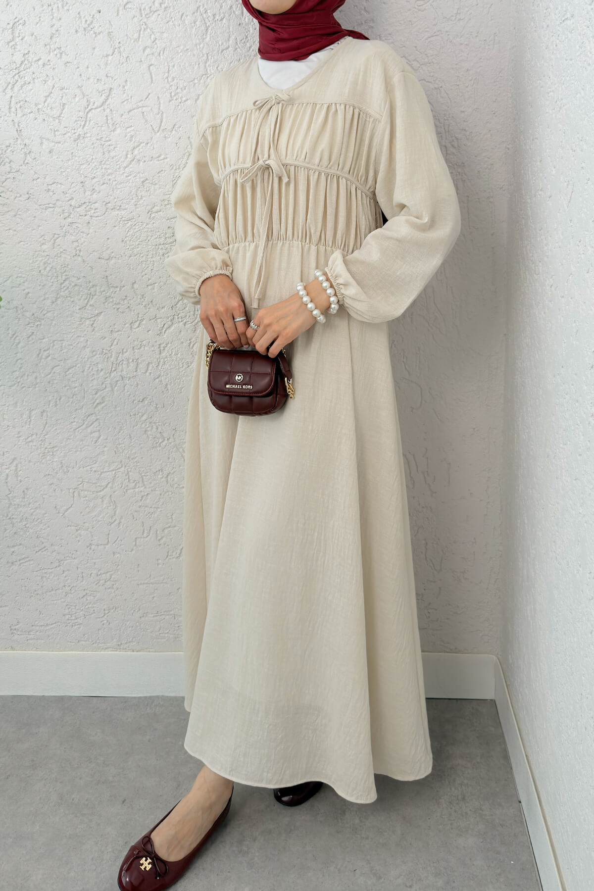 Büzgü Bağcıklı Tesettür Elbise 2319 - TAŞ RENGİ |  