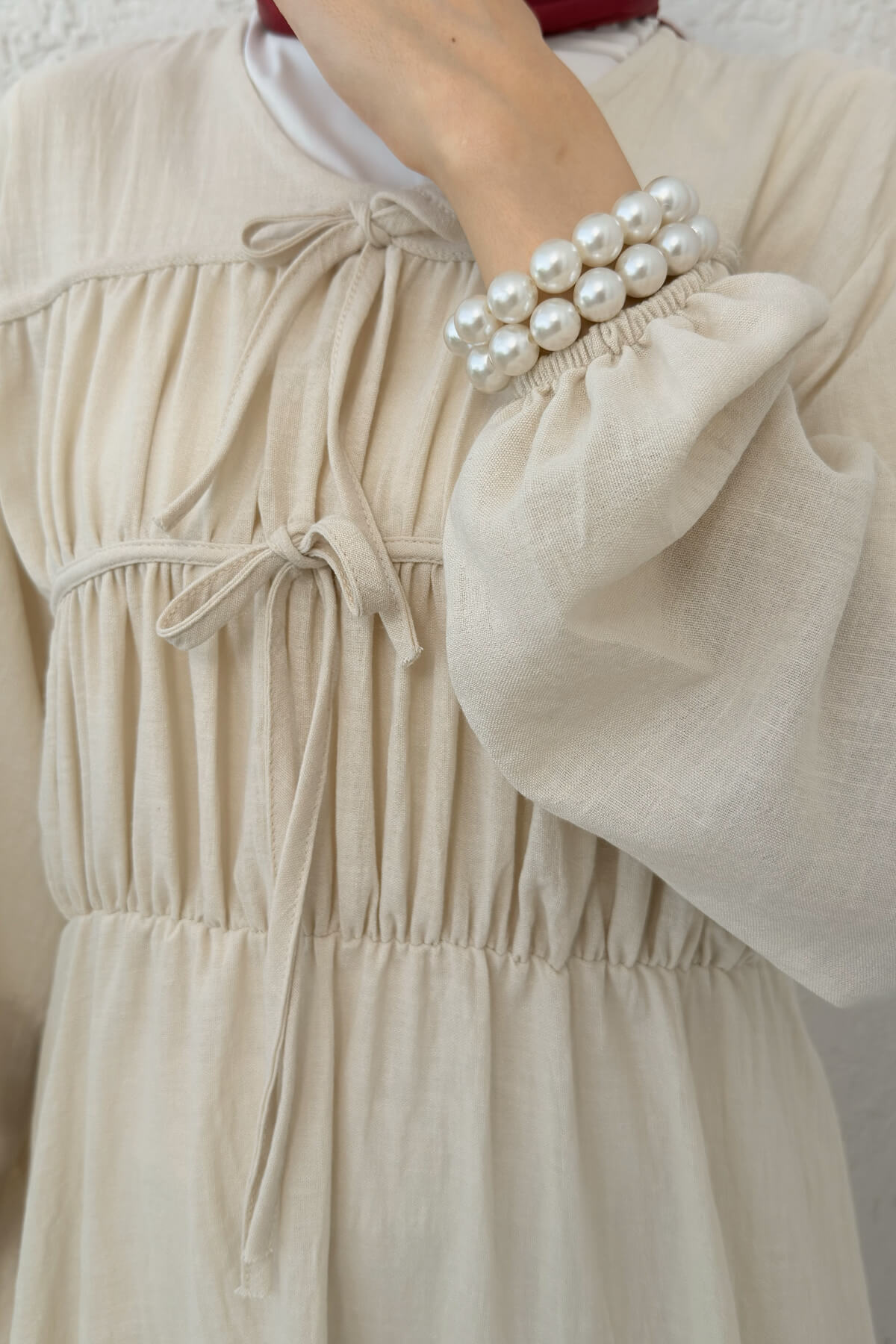 Büzgü Bağcıklı Tesettür Elbise 2319 - TAŞ RENGİ |  