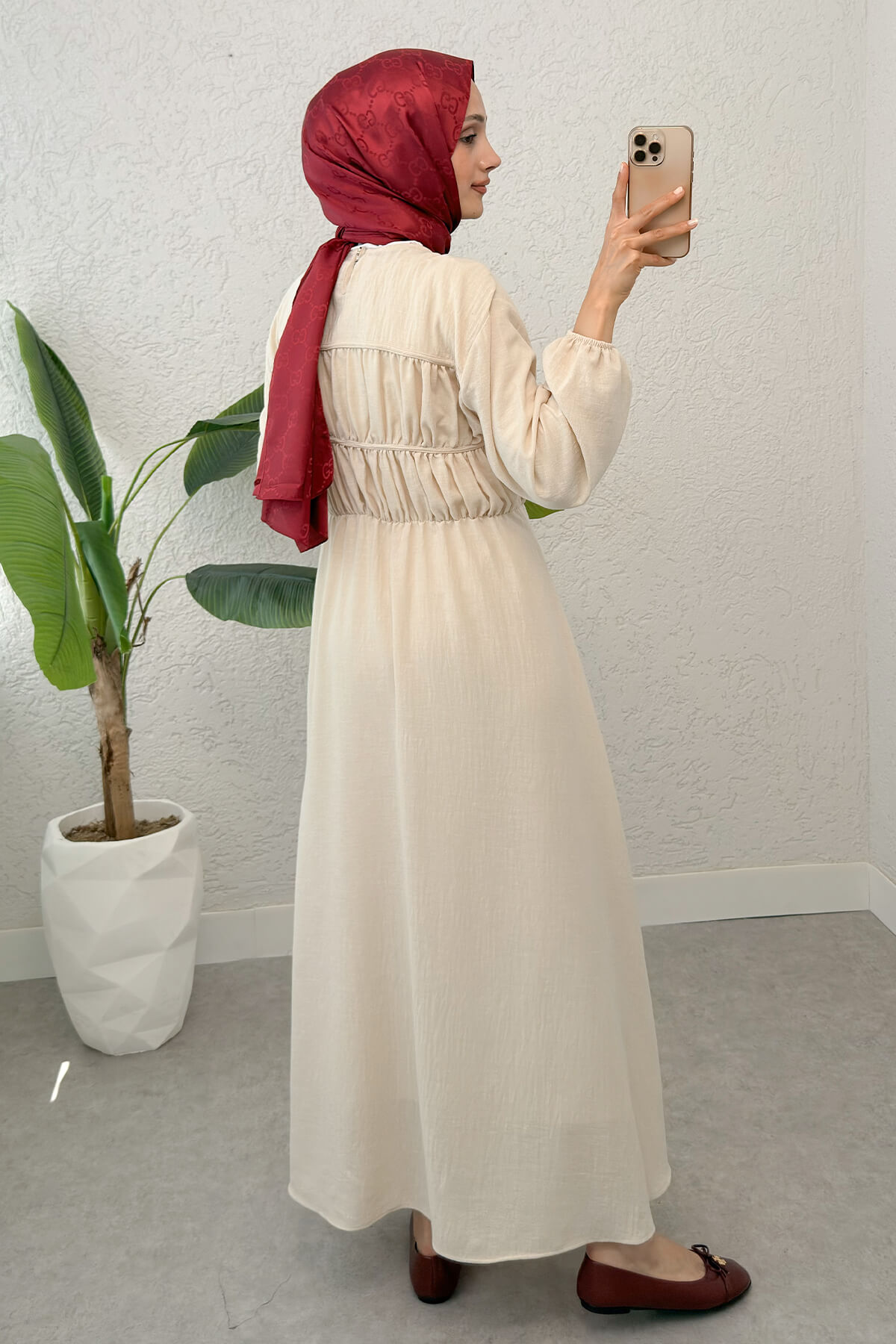 Büzgü Bağcıklı Tesettür Elbise 2319 - TAŞ RENGİ |  