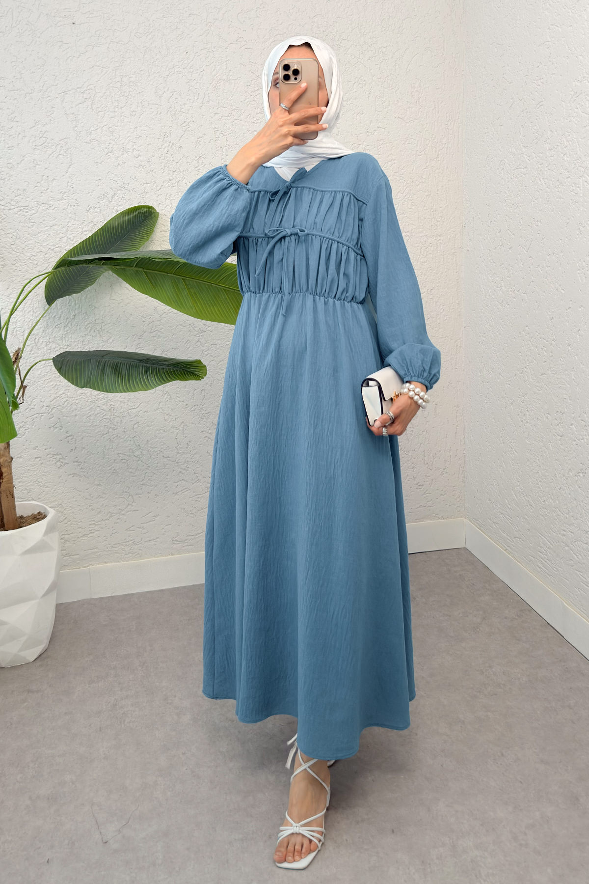 Büzgü Bağcıklı Tesettür Elbise 2319 - İNDİGO |  