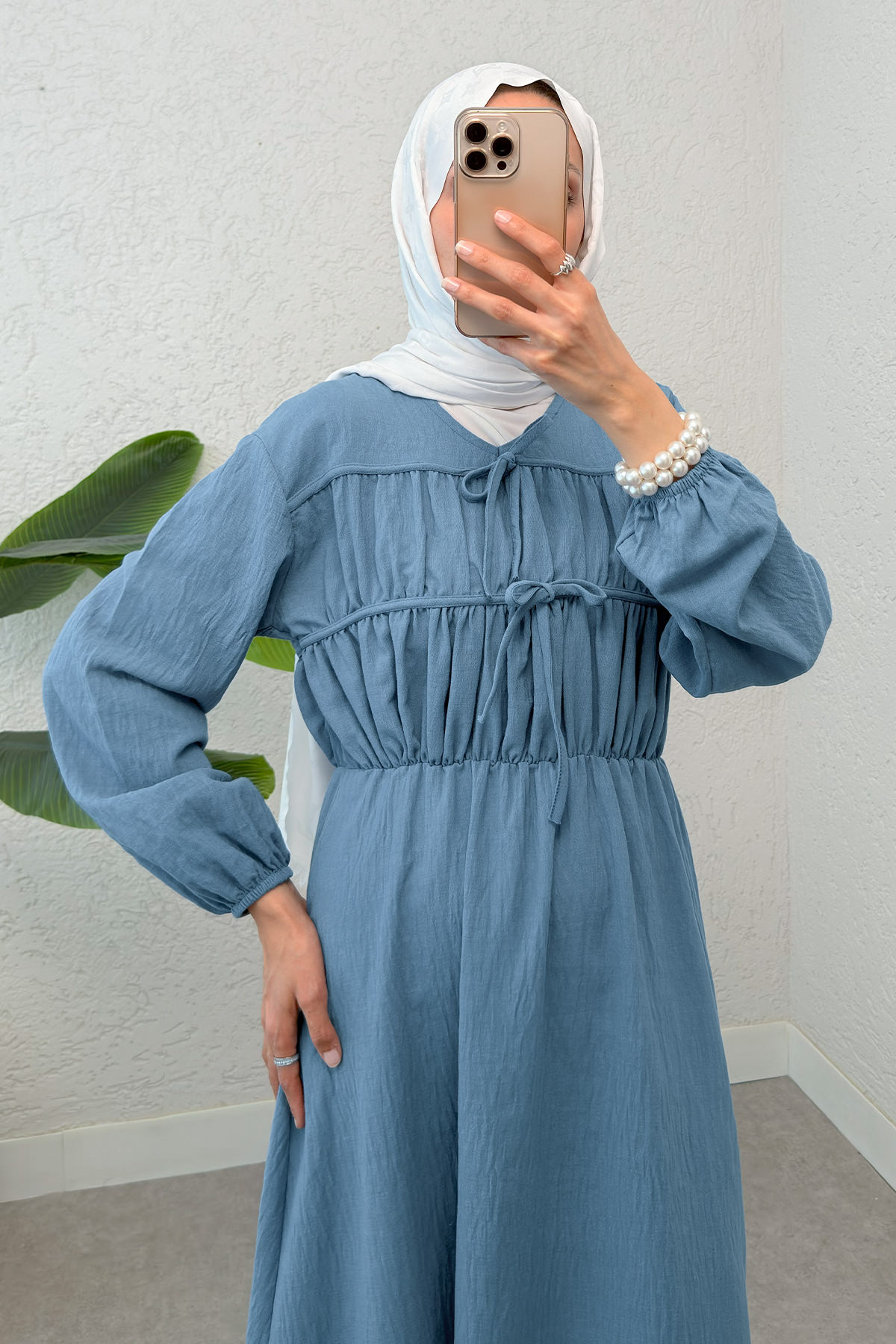 Büzgü Bağcıklı Tesettür Elbise 2319 - İNDİGO |  