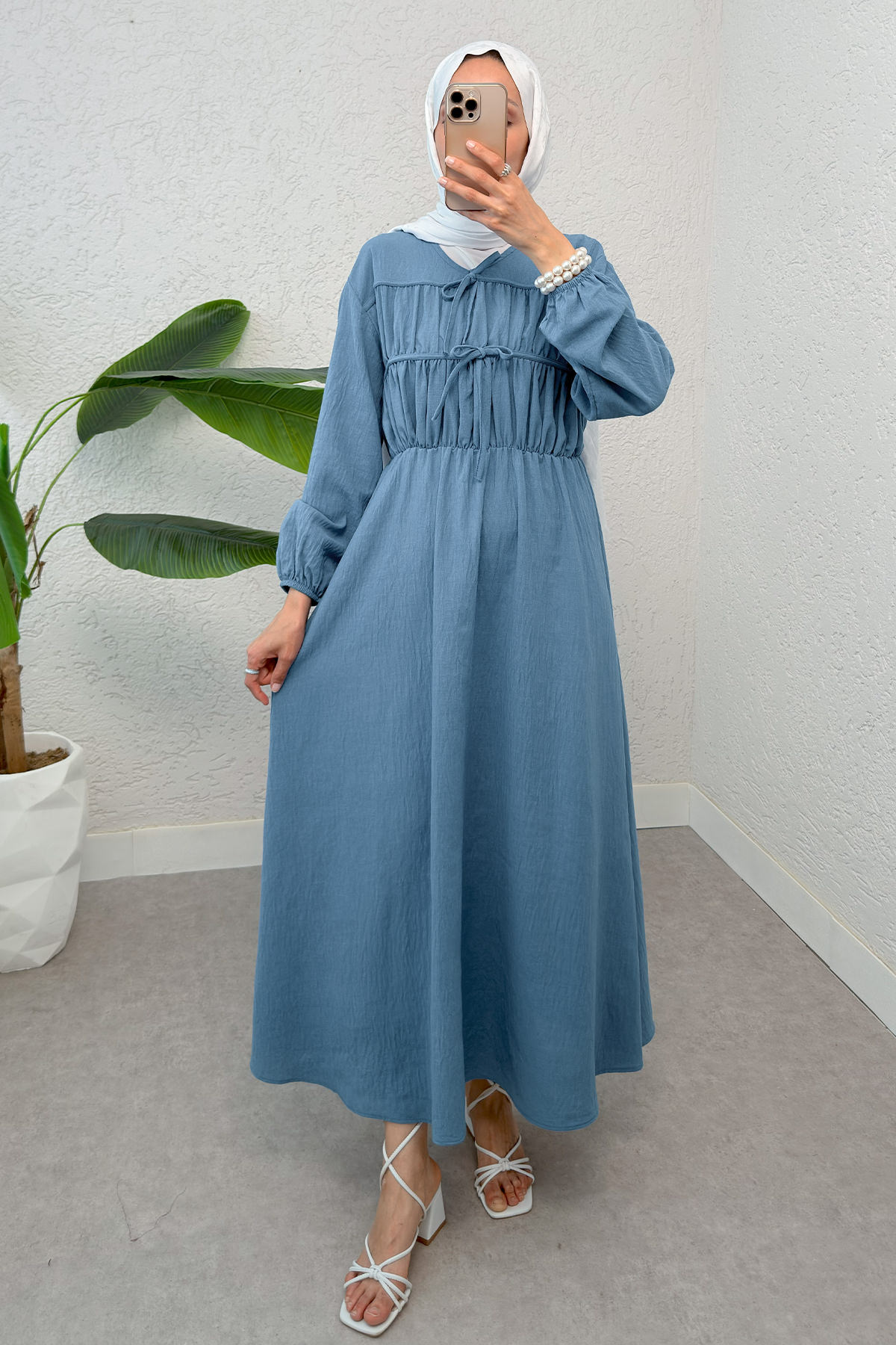 Büzgü Bağcıklı Tesettür Elbise 2319 - İNDİGO |  