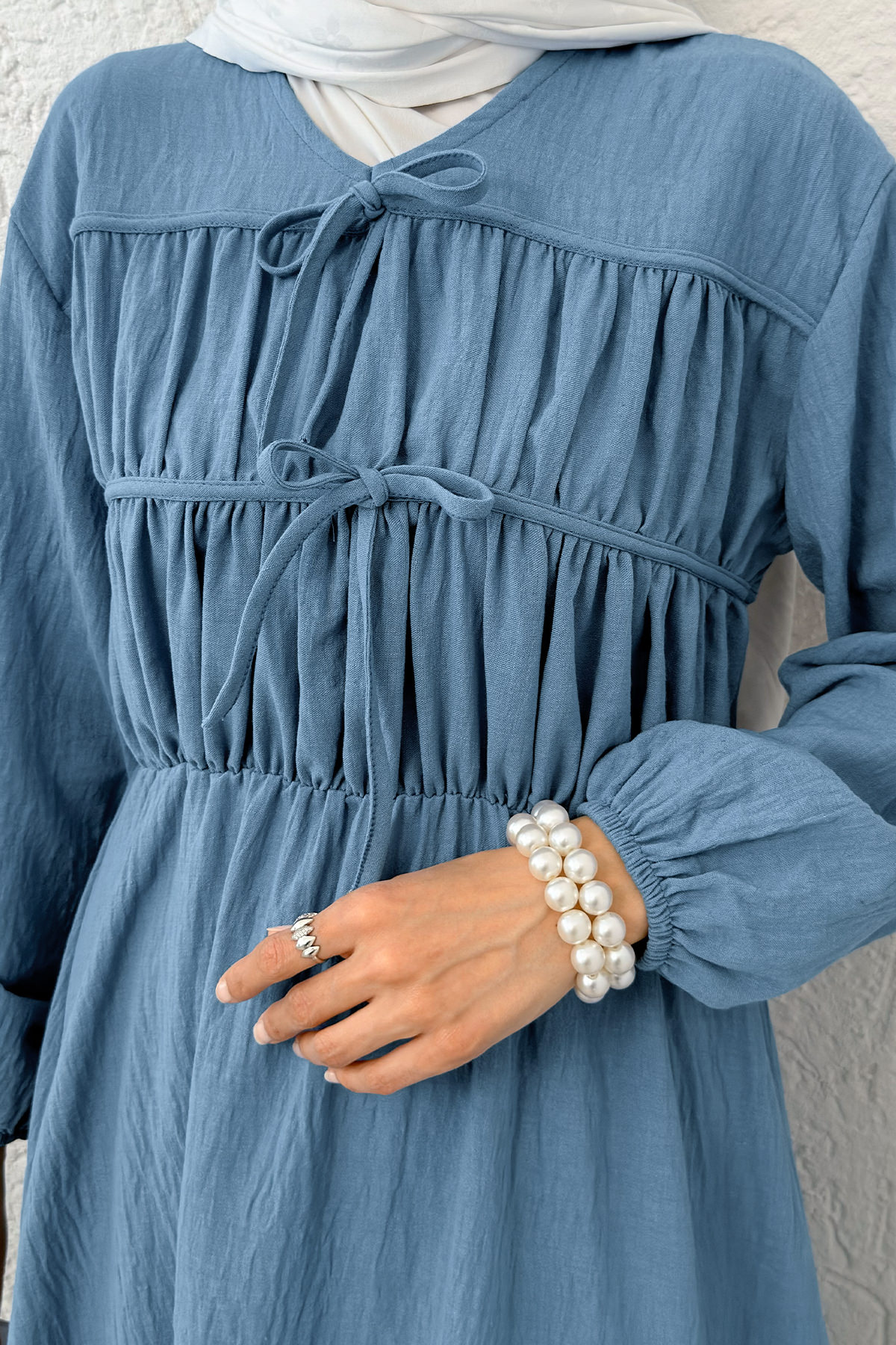 Büzgü Bağcıklı Tesettür Elbise 2319 - İNDİGO |  