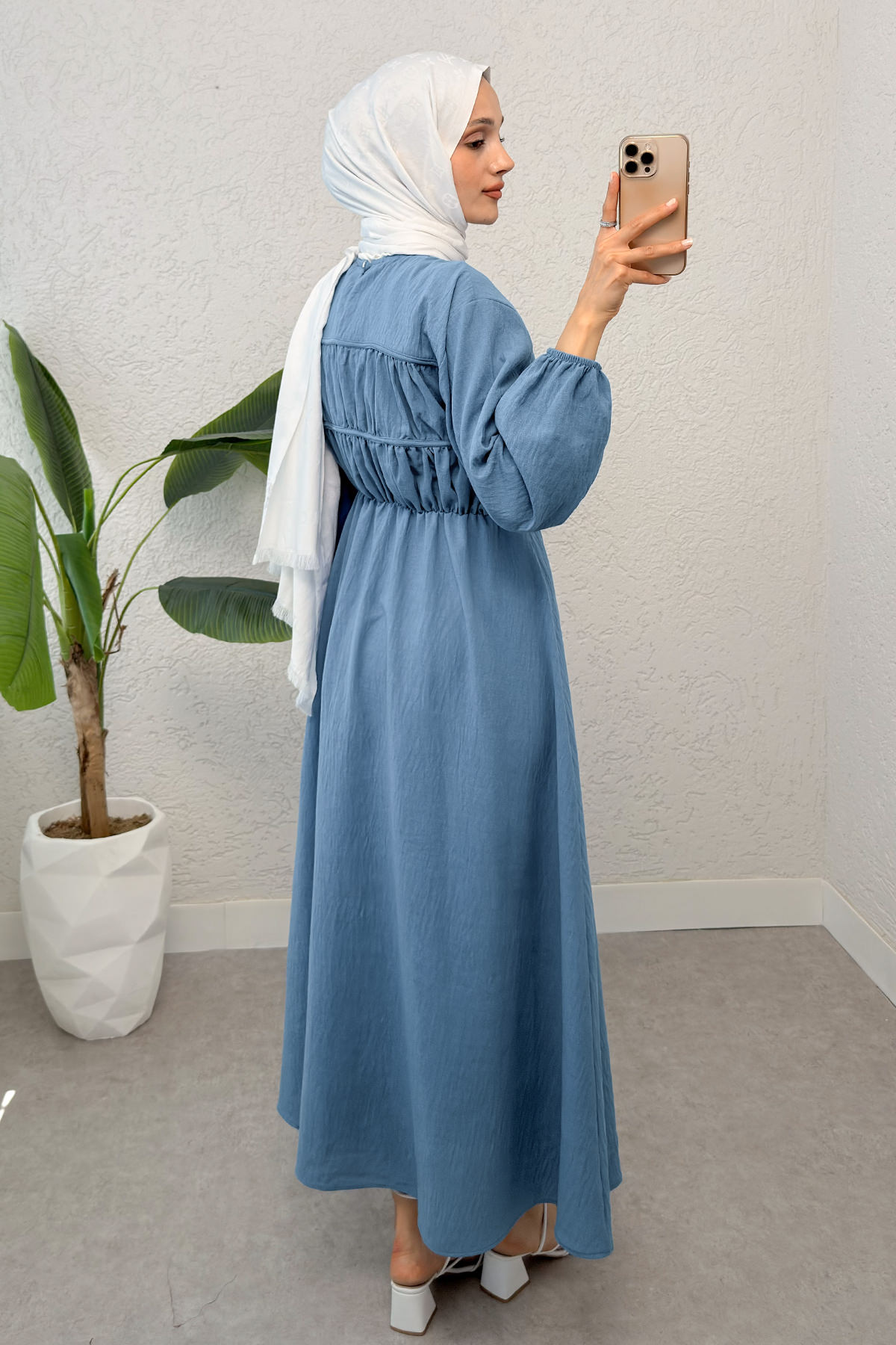 Büzgü Bağcıklı Tesettür Elbise 2319 - İNDİGO |  