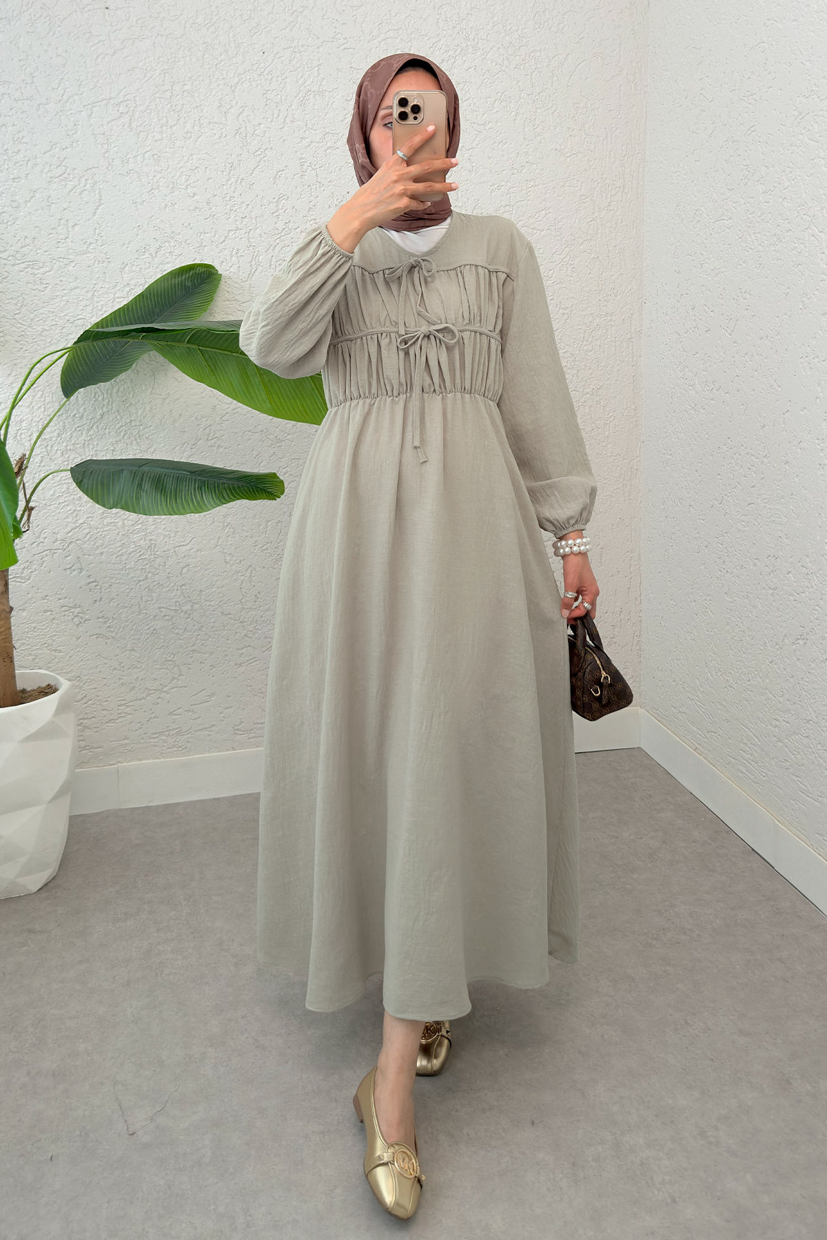 Büzgü Bağcıklı Tesettür Elbise 2319 - TAŞ RENGİ |  