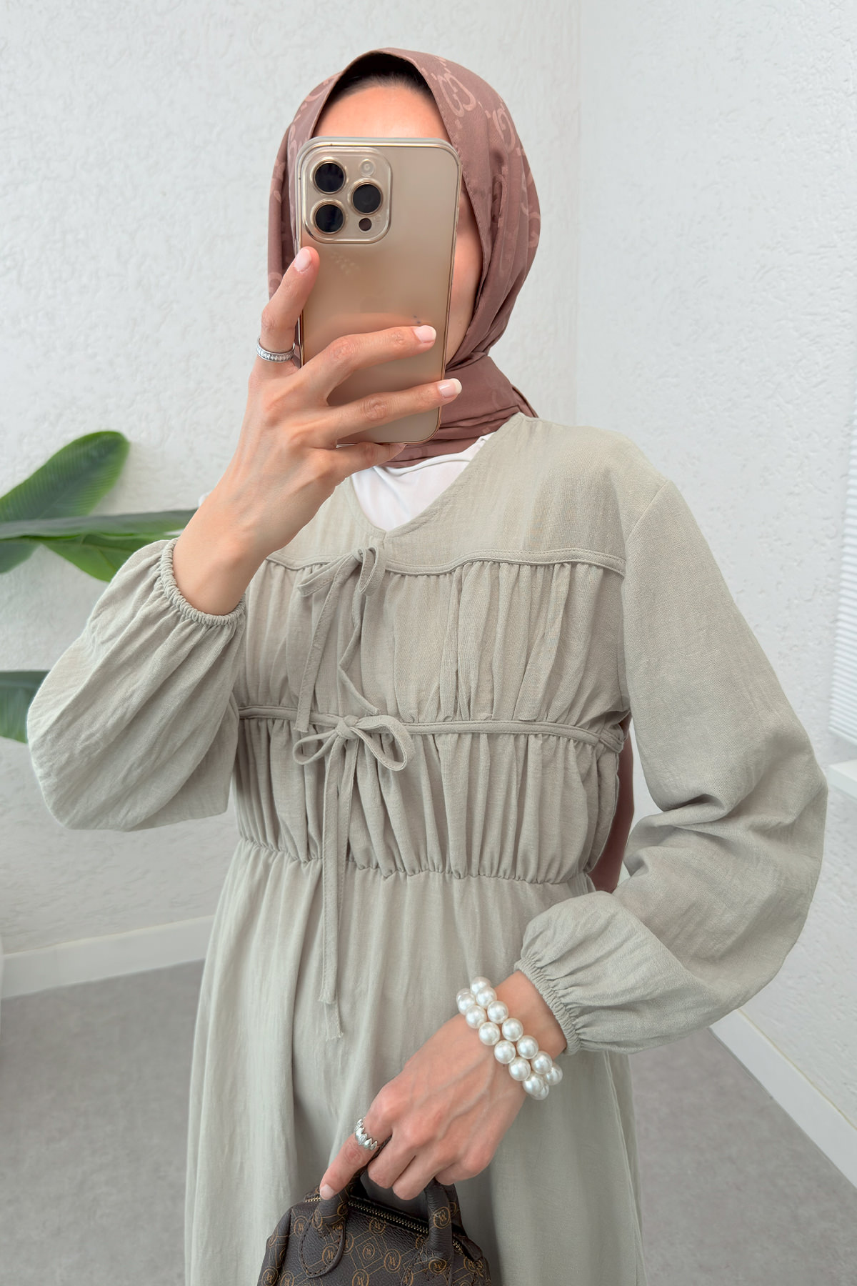 Büzgü Bağcıklı Tesettür Elbise 2319 - TAŞ RENGİ |  