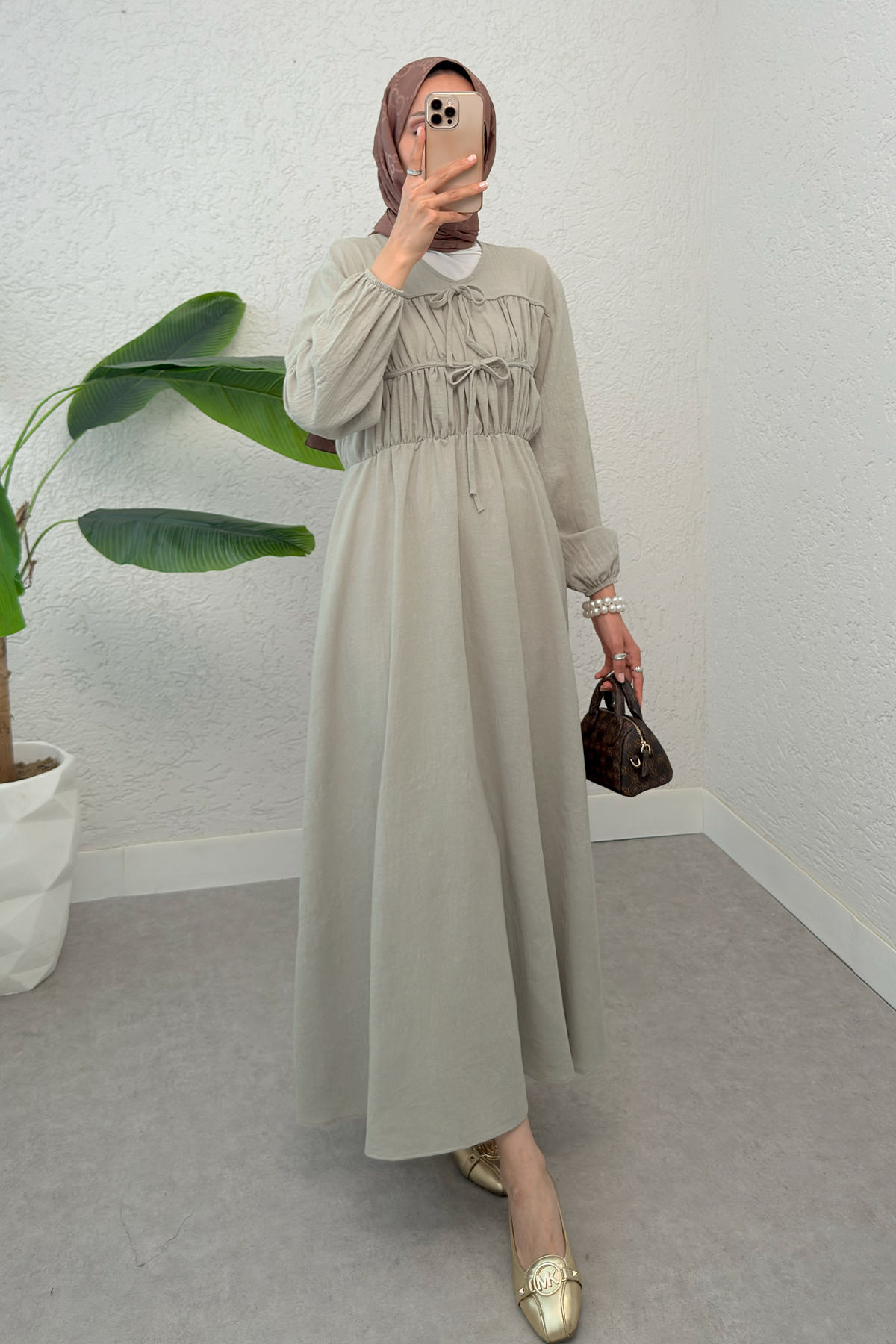 Büzgü Bağcıklı Tesettür Elbise 2319 - TAŞ RENGİ |  