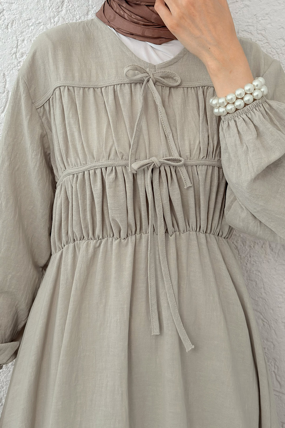 Büzgü Bağcıklı Tesettür Elbise 2319 - TAŞ RENGİ |  