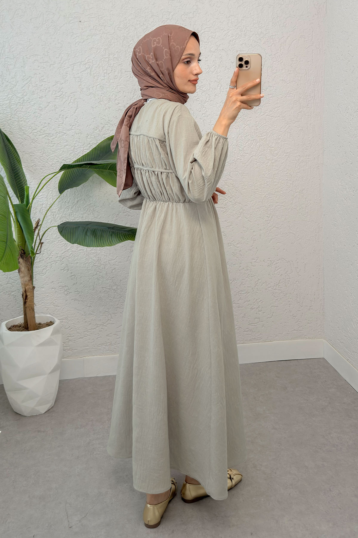 Büzgü Bağcıklı Tesettür Elbise 2319 - TAŞ RENGİ |  