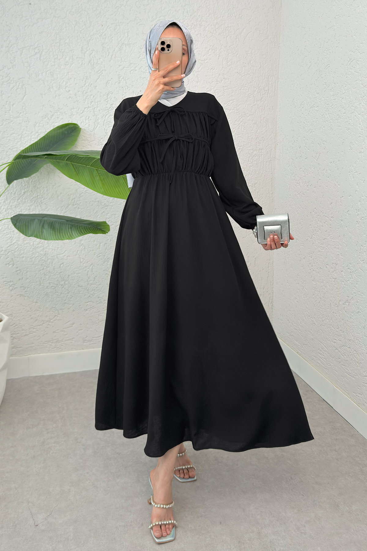 Büzgü Bağcıklı Tesettür Elbise 2319 - SİYAH |  