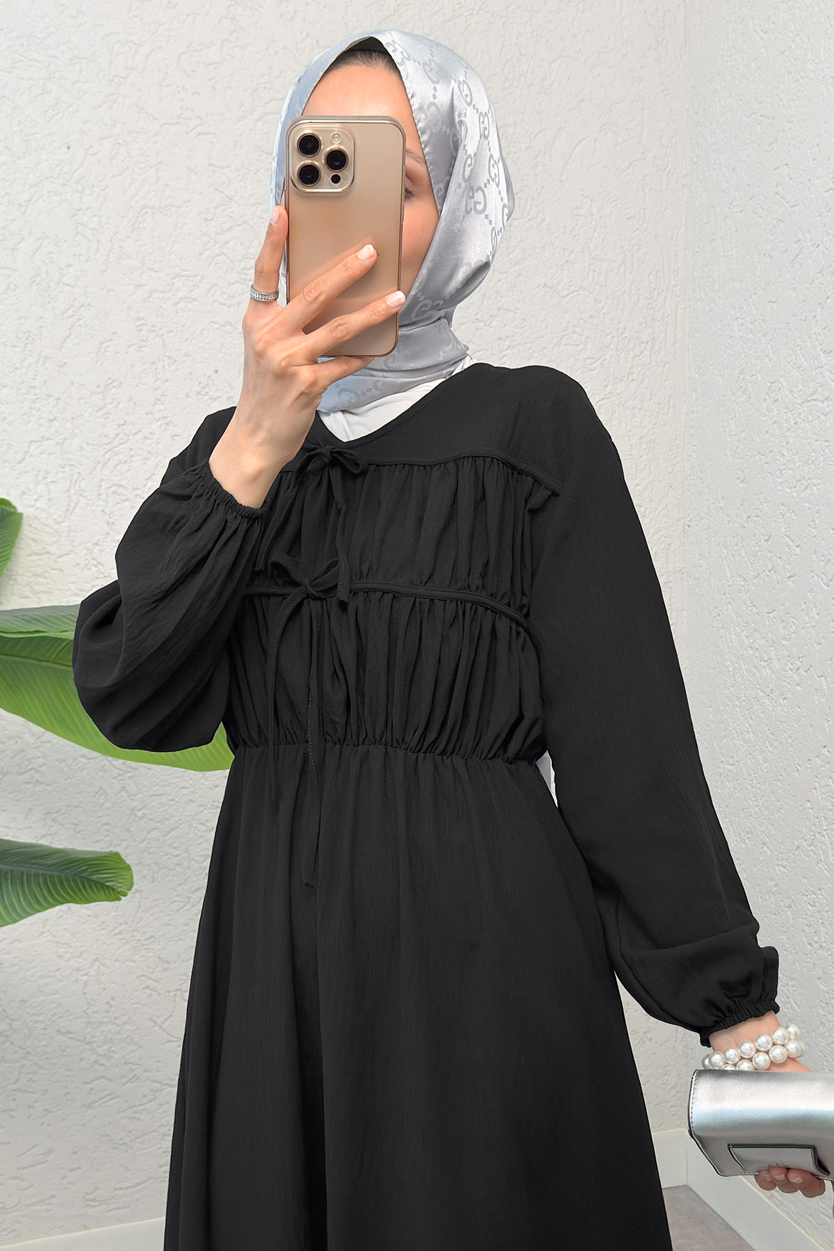 Büzgü Bağcıklı Tesettür Elbise 2319 - SİYAH |  