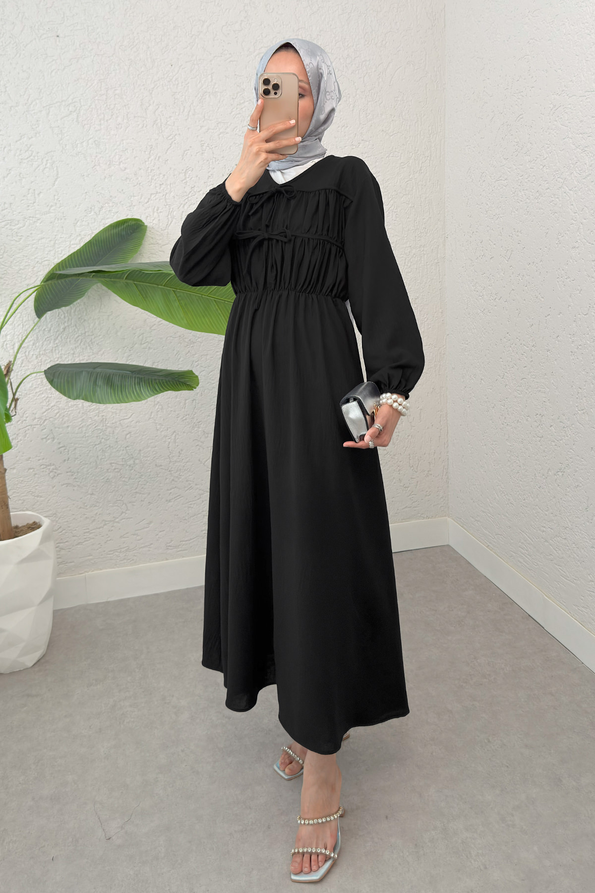 Büzgü Bağcıklı Tesettür Elbise 2319 - SİYAH |  