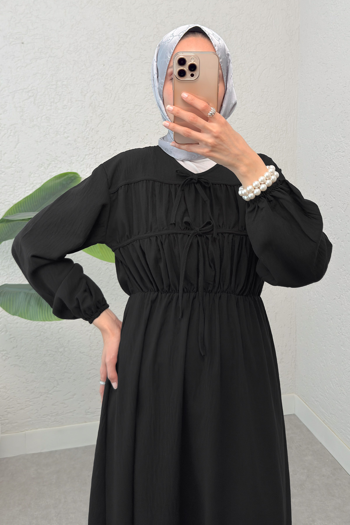 Büzgü Bağcıklı Tesettür Elbise 2319 - SİYAH |  