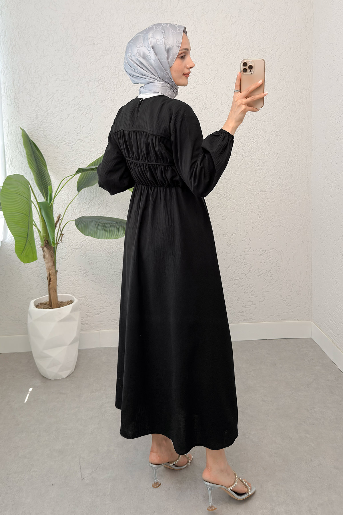 Büzgü Bağcıklı Tesettür Elbise 2319 - SİYAH |  