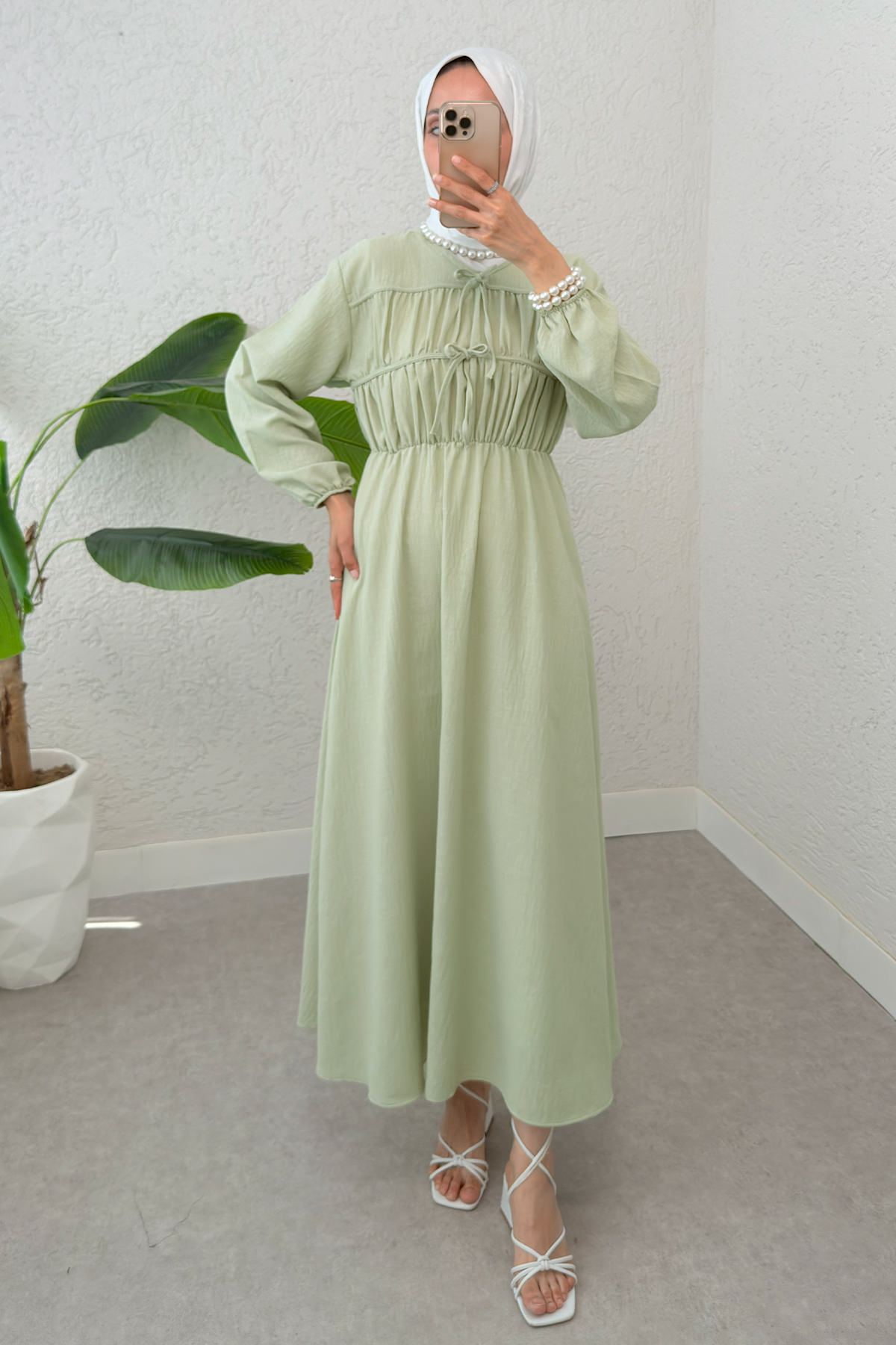 Büzgü Bağcıklı Tesettür Elbise 2319 - SU YEŞİLİ |  