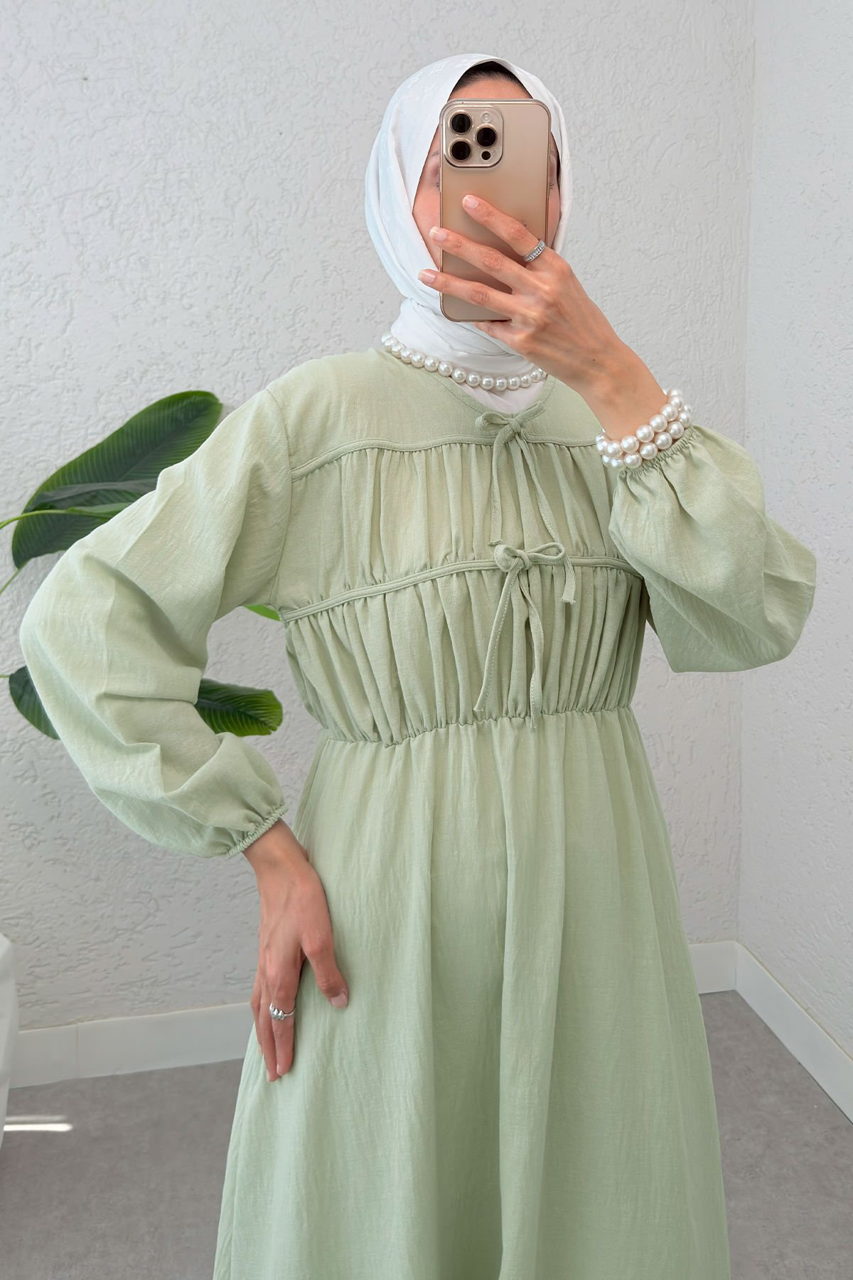 Büzgü Bağcıklı Tesettür Elbise 2319 - SU YEŞİLİ |  