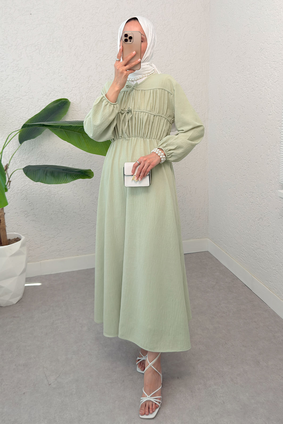 Büzgü Bağcıklı Tesettür Elbise 2319 - SU YEŞİLİ |  