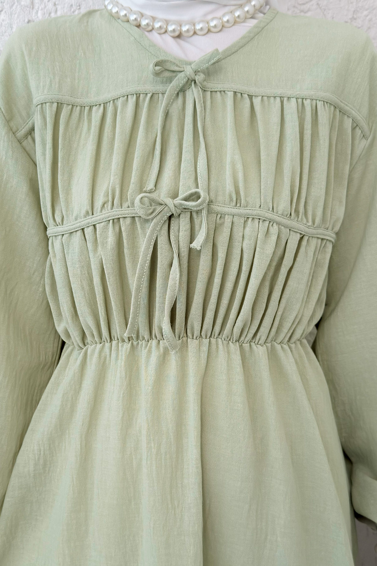 Büzgü Bağcıklı Tesettür Elbise 2319 - SU YEŞİLİ |  