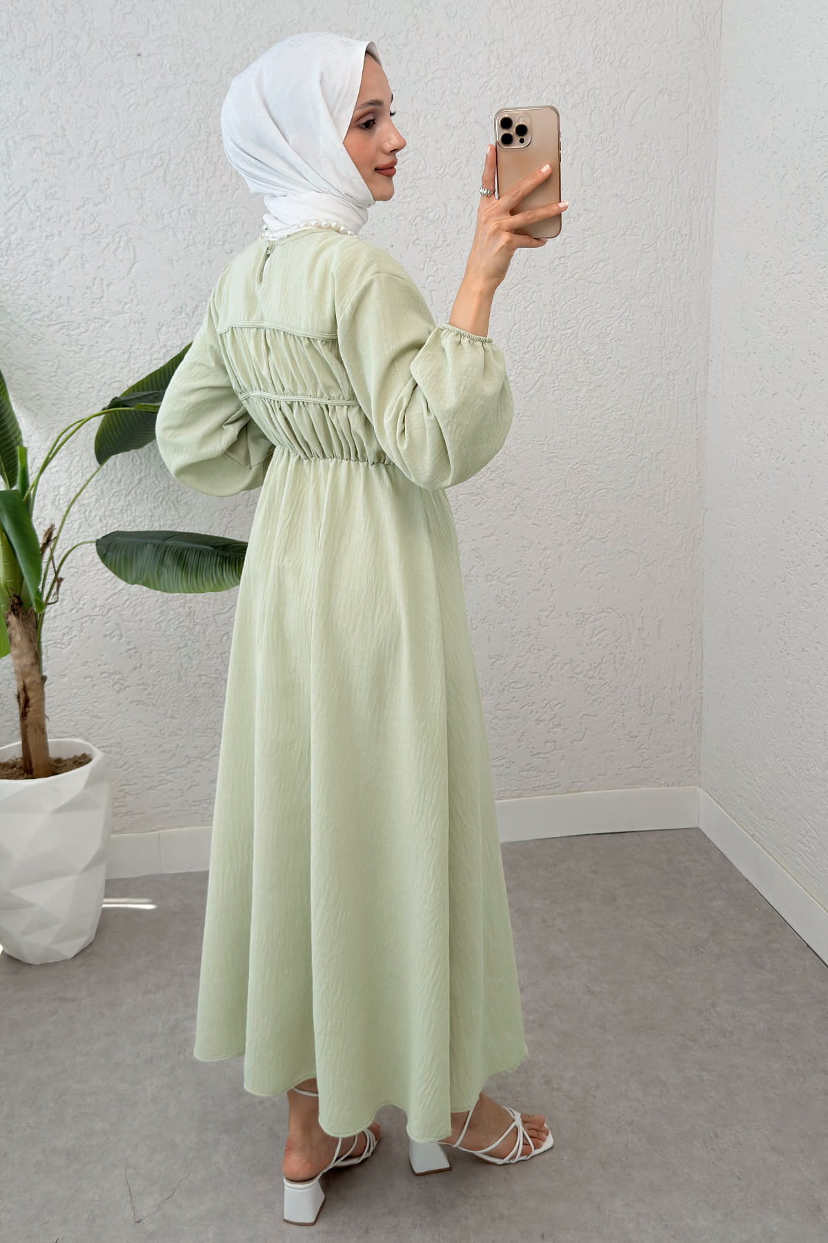 Büzgü Bağcıklı Tesettür Elbise 2319 - SU YEŞİLİ |  