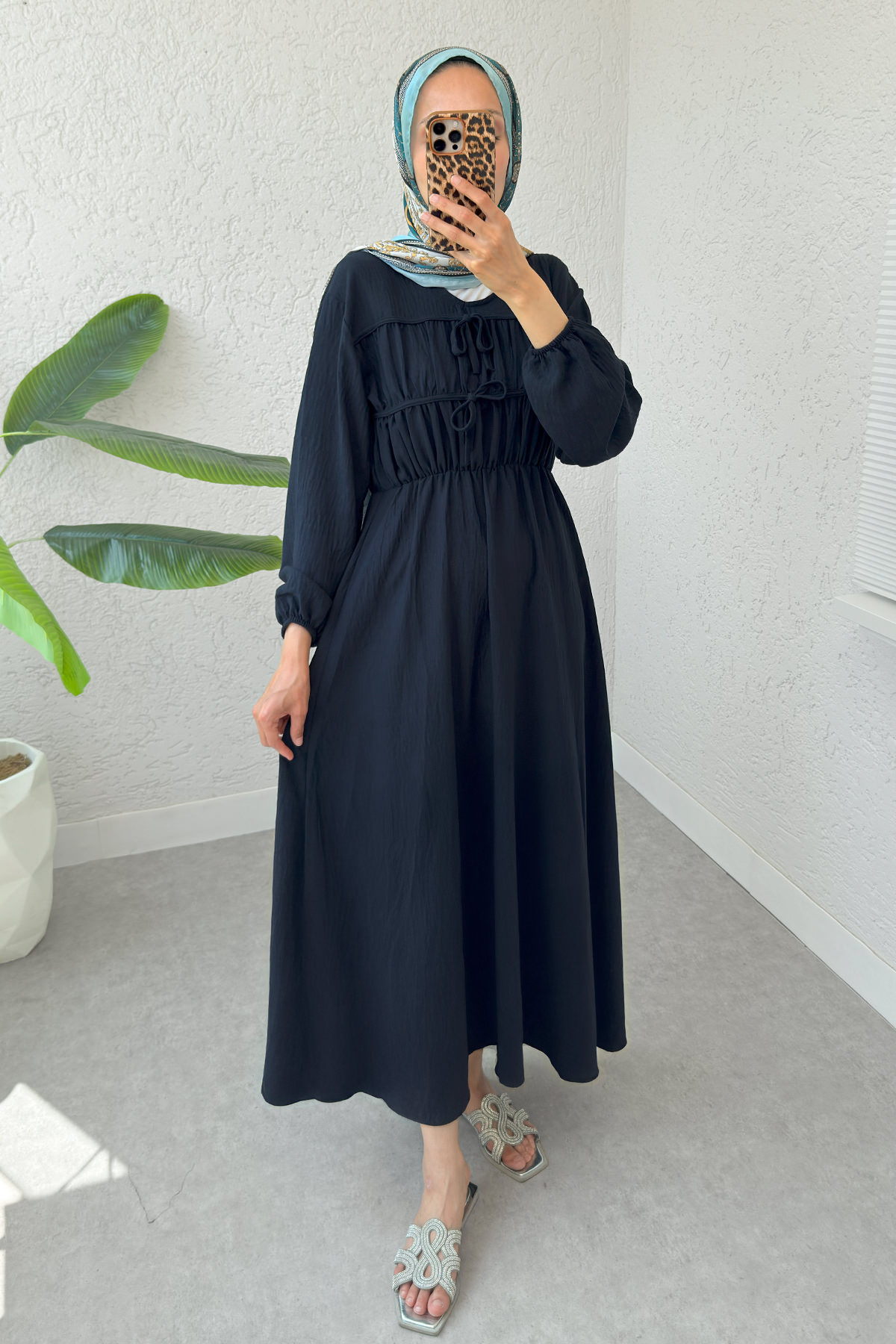 Büzgü Bağcıklı Tesettür Elbise 2319 - LACİVERT |  