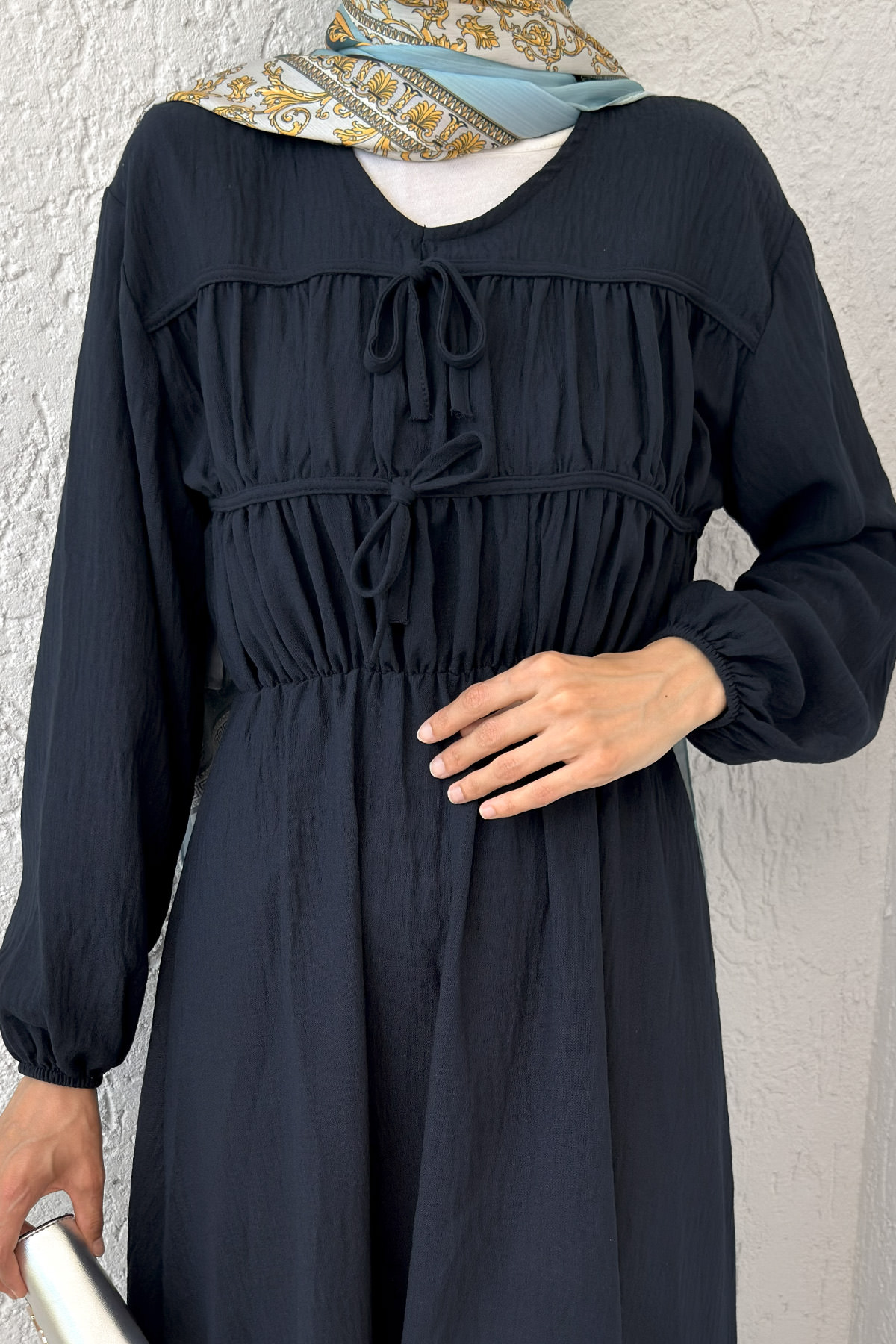 Büzgü Bağcıklı Tesettür Elbise 2319 - LACİVERT |  