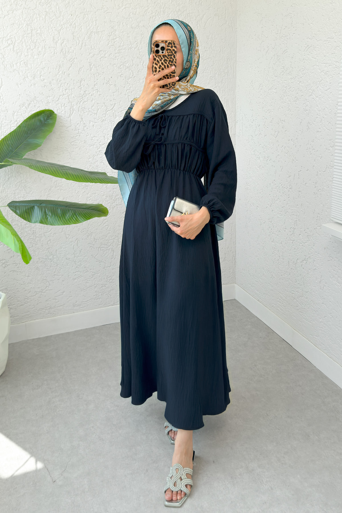 Büzgü Bağcıklı Tesettür Elbise 2319 - LACİVERT |  