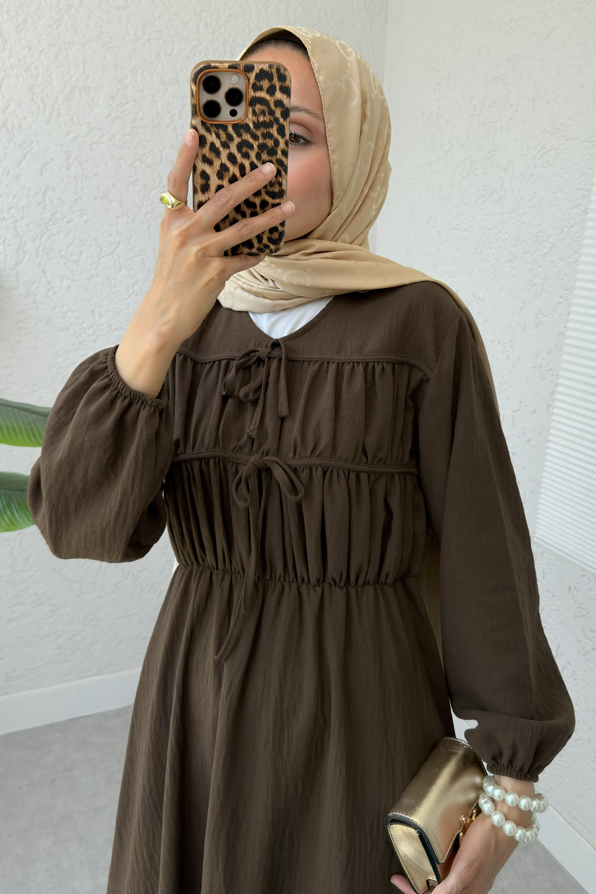 Büzgü Bağcıklı Tesettür Elbise 2319 - KAHVERENGİ |  
