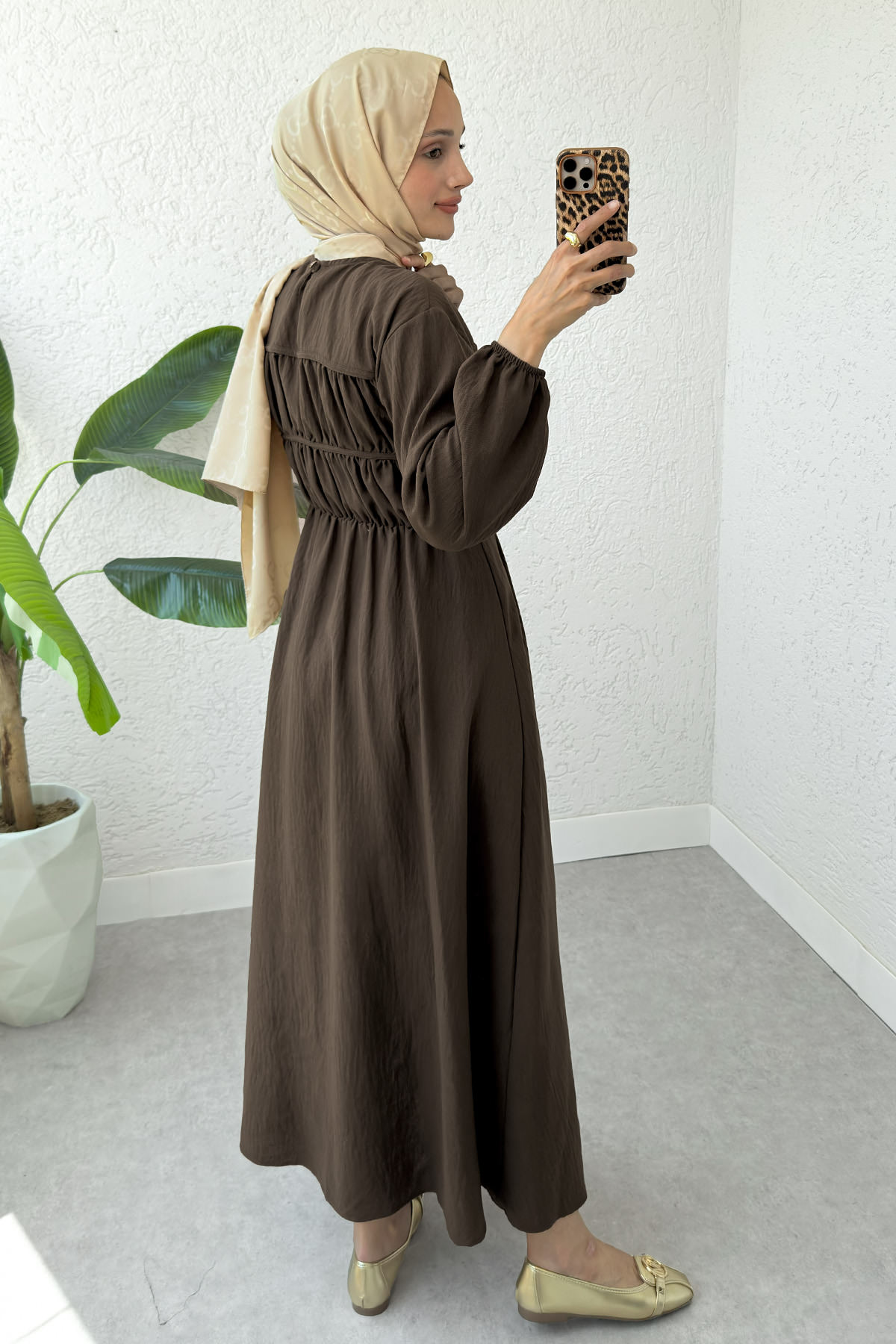 Büzgü Bağcıklı Tesettür Elbise 2319 - KAHVERENGİ |  