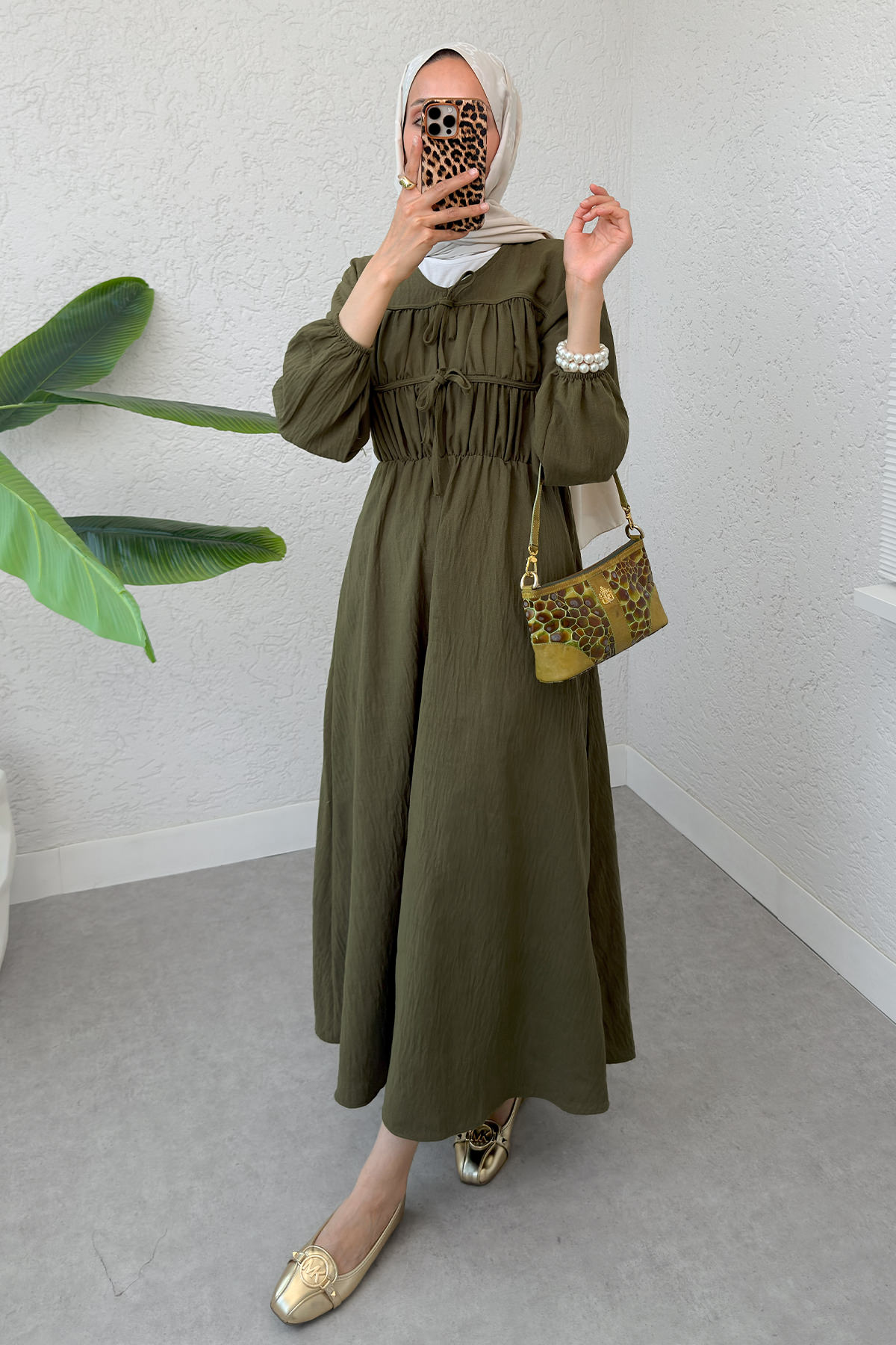 Büzgü Bağcıklı Tesettür Elbise 2319 - KOYU HAKİ |  