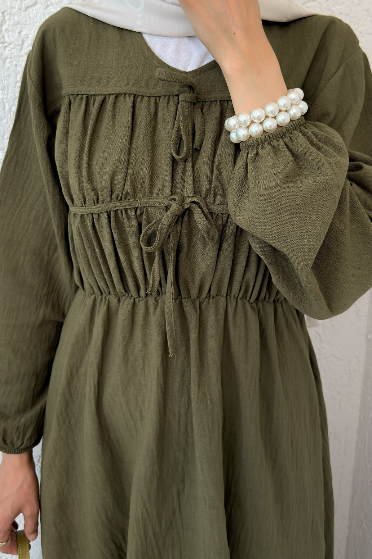 Büzgü Bağcıklı Tesettür Elbise 2319 - KOYU HAKİ |  