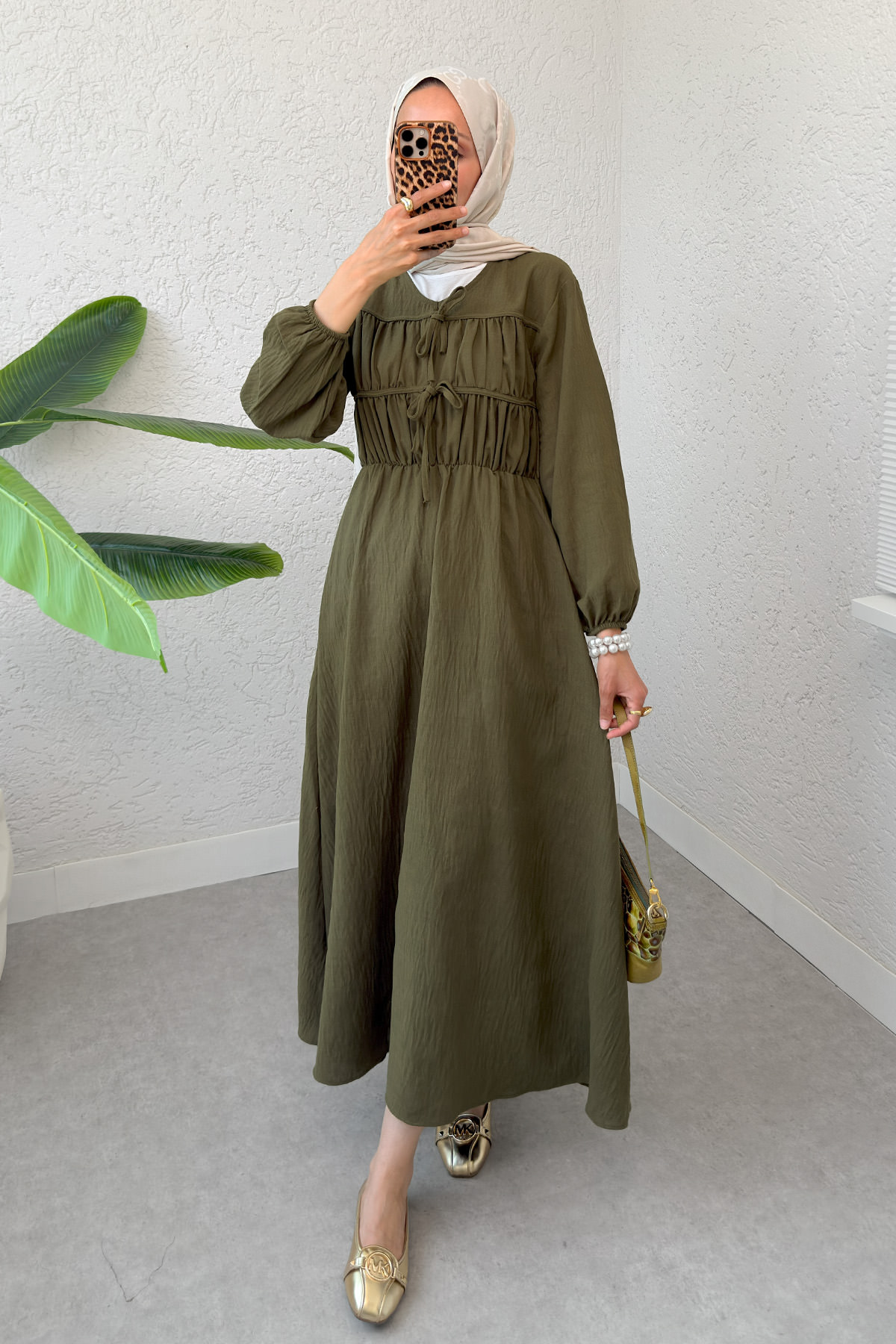 Büzgü Bağcıklı Tesettür Elbise 2319 - KOYU HAKİ |  